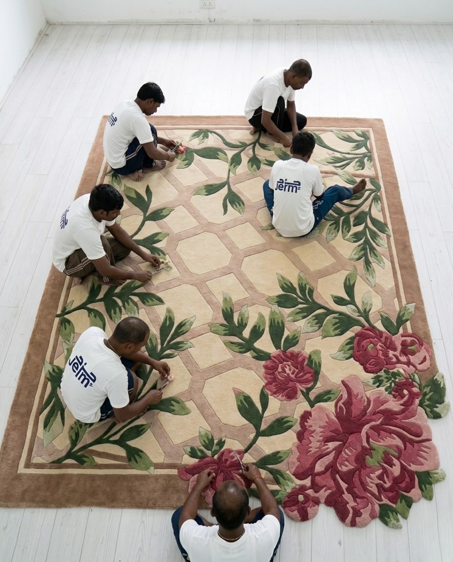Artisans hand-tufting a large custom wool rug on frame, with peony motifs and a tan border, in the Jerm Rugs workshop