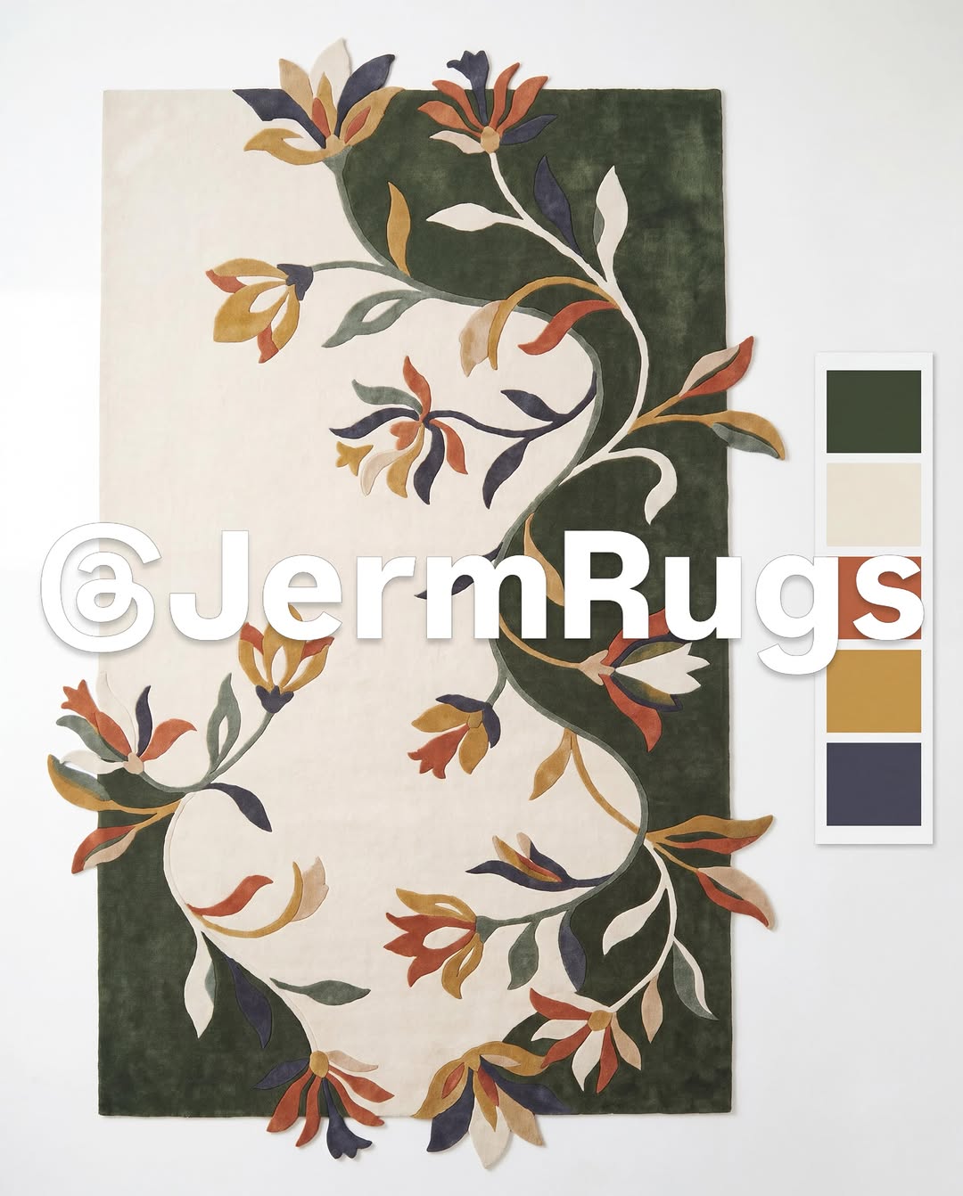 Hand-tufted New Zealand wool rug in forest green and ivory with amber and navy florals, shown beside its physical wool colour swatches