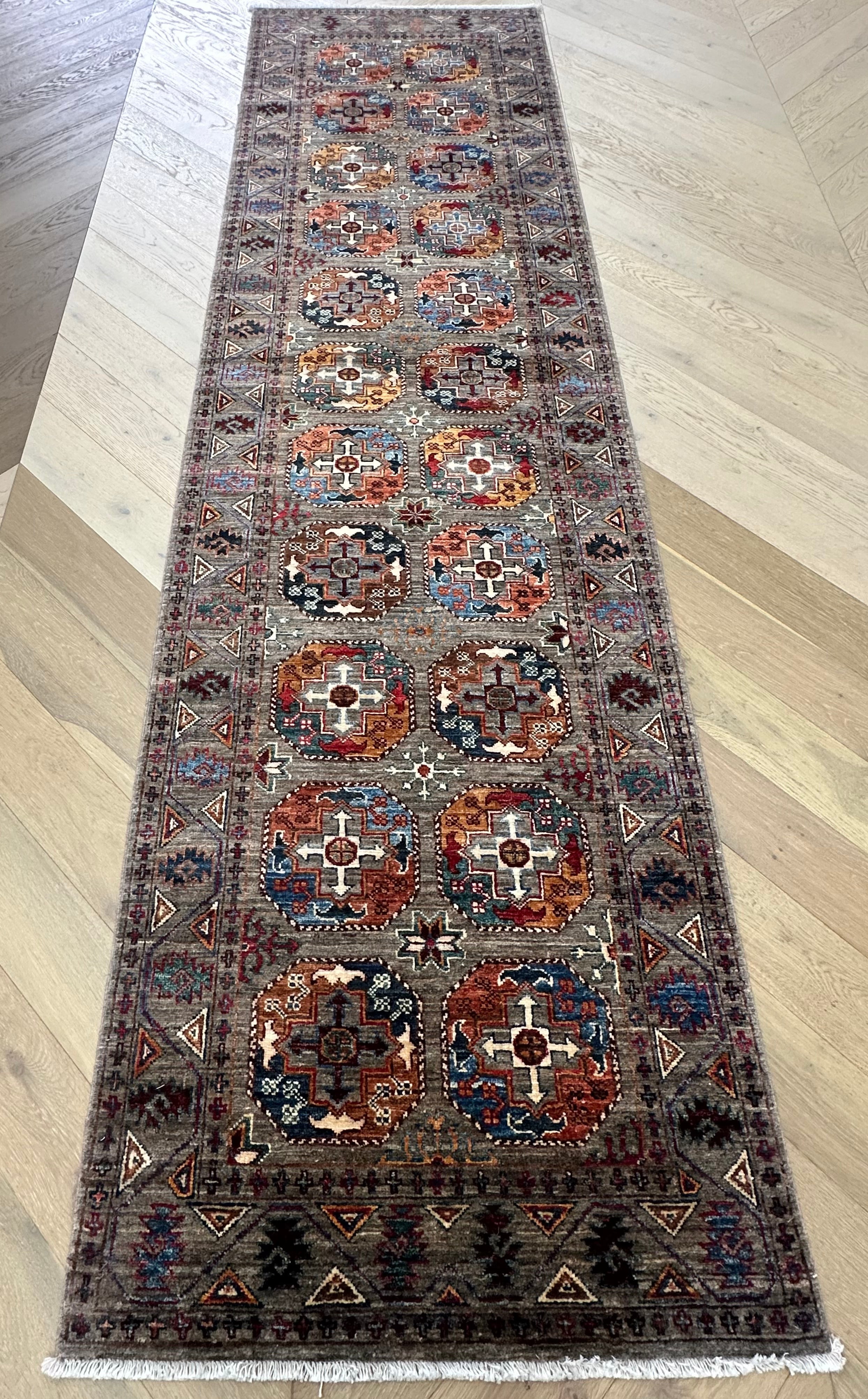 Grey Chobi Afghan Handmade — 3.00 x 0.81