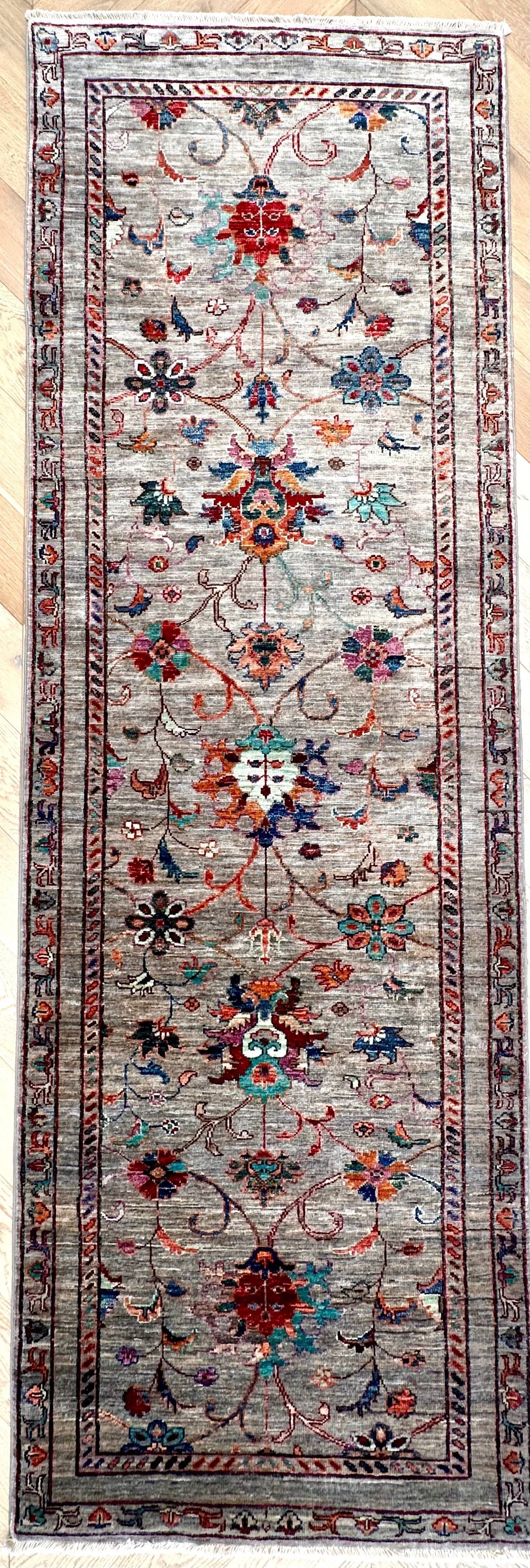 Beige Chobi Afghan Handmade — 2.45 x 0.80