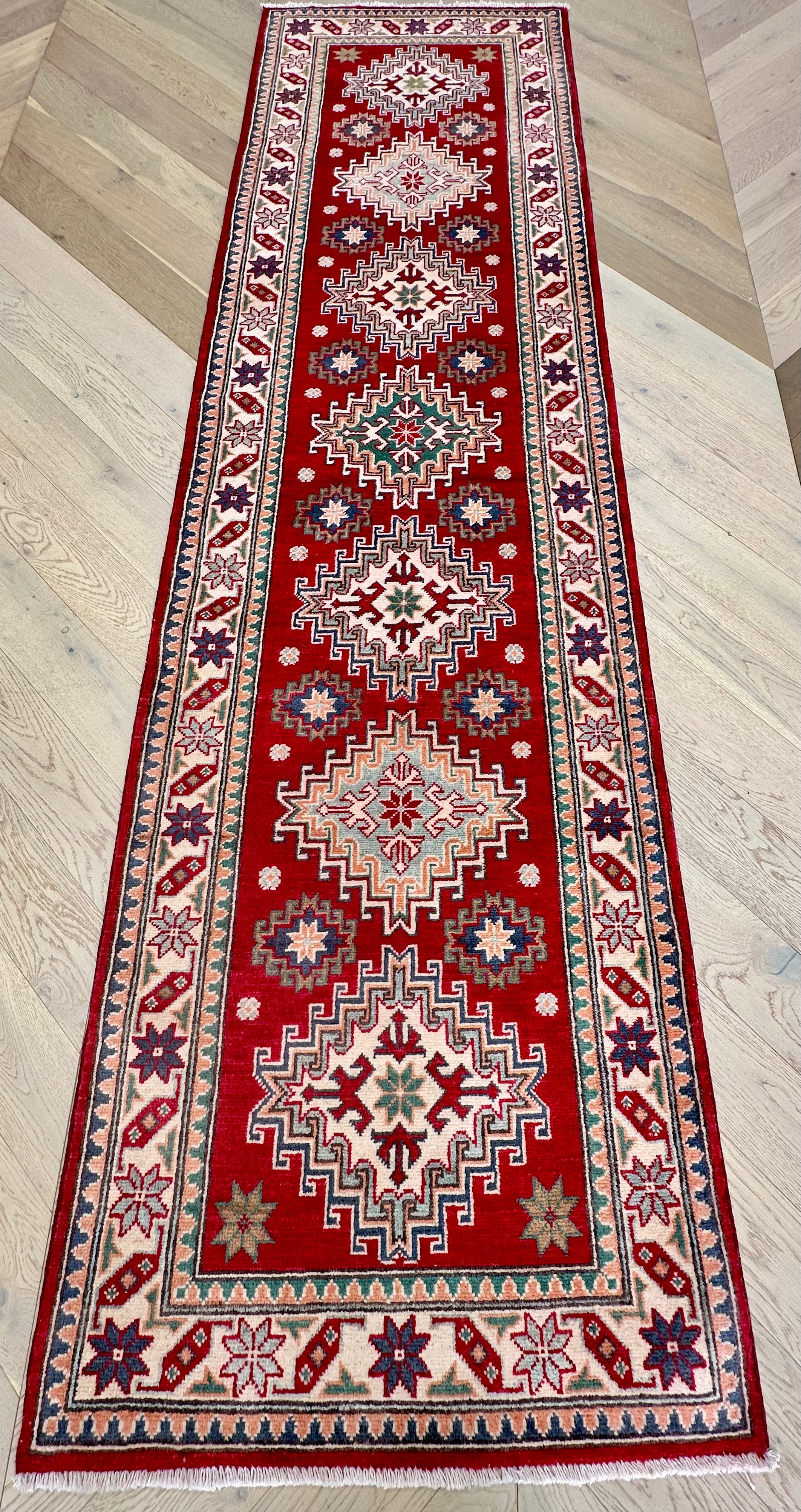 Grey Kazak handmade runner — 2.92 x 0.80