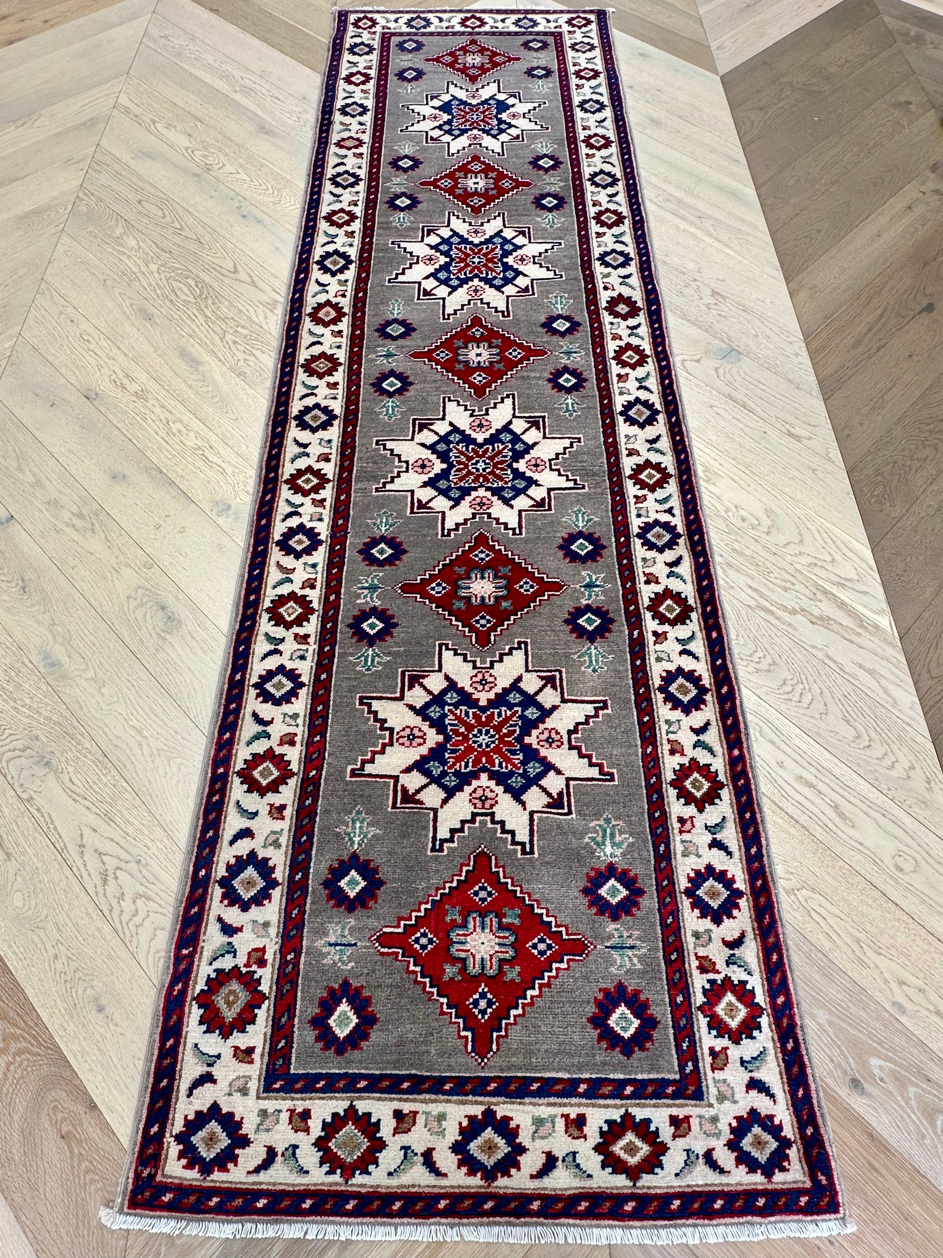 Grey Kazak handmade runner — 2.90 x 0.82