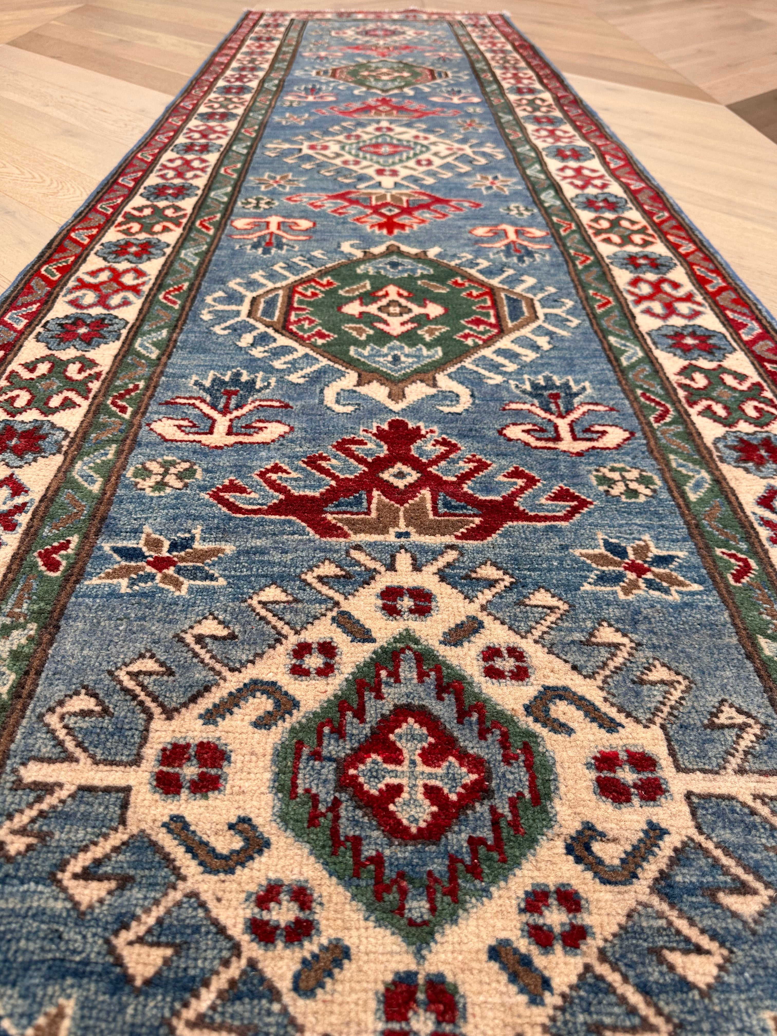 Grey Kazak handmade runner — 2.93 x 0.84