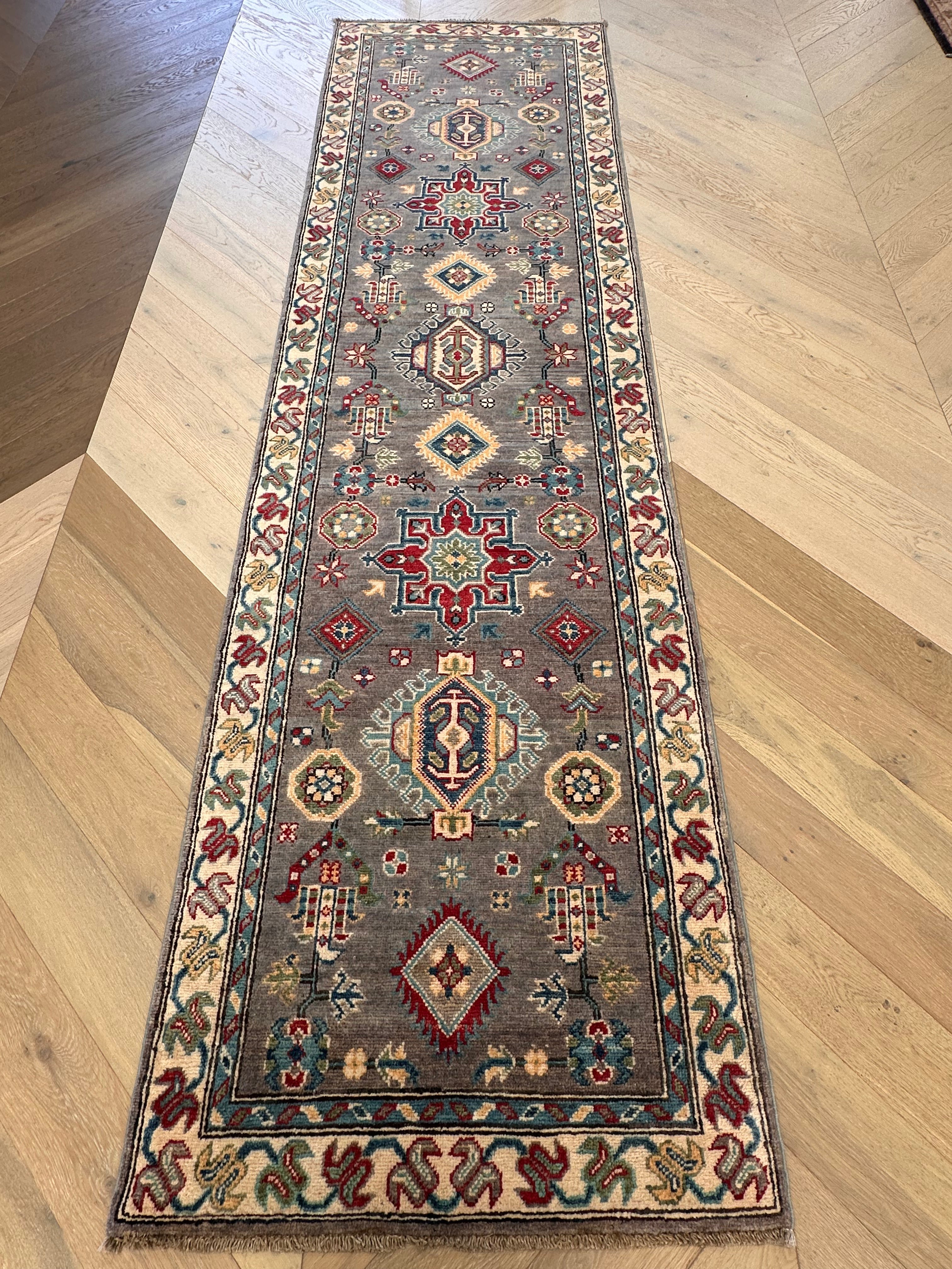 Grey Kazak handmade runner — 2.87 x 0.78