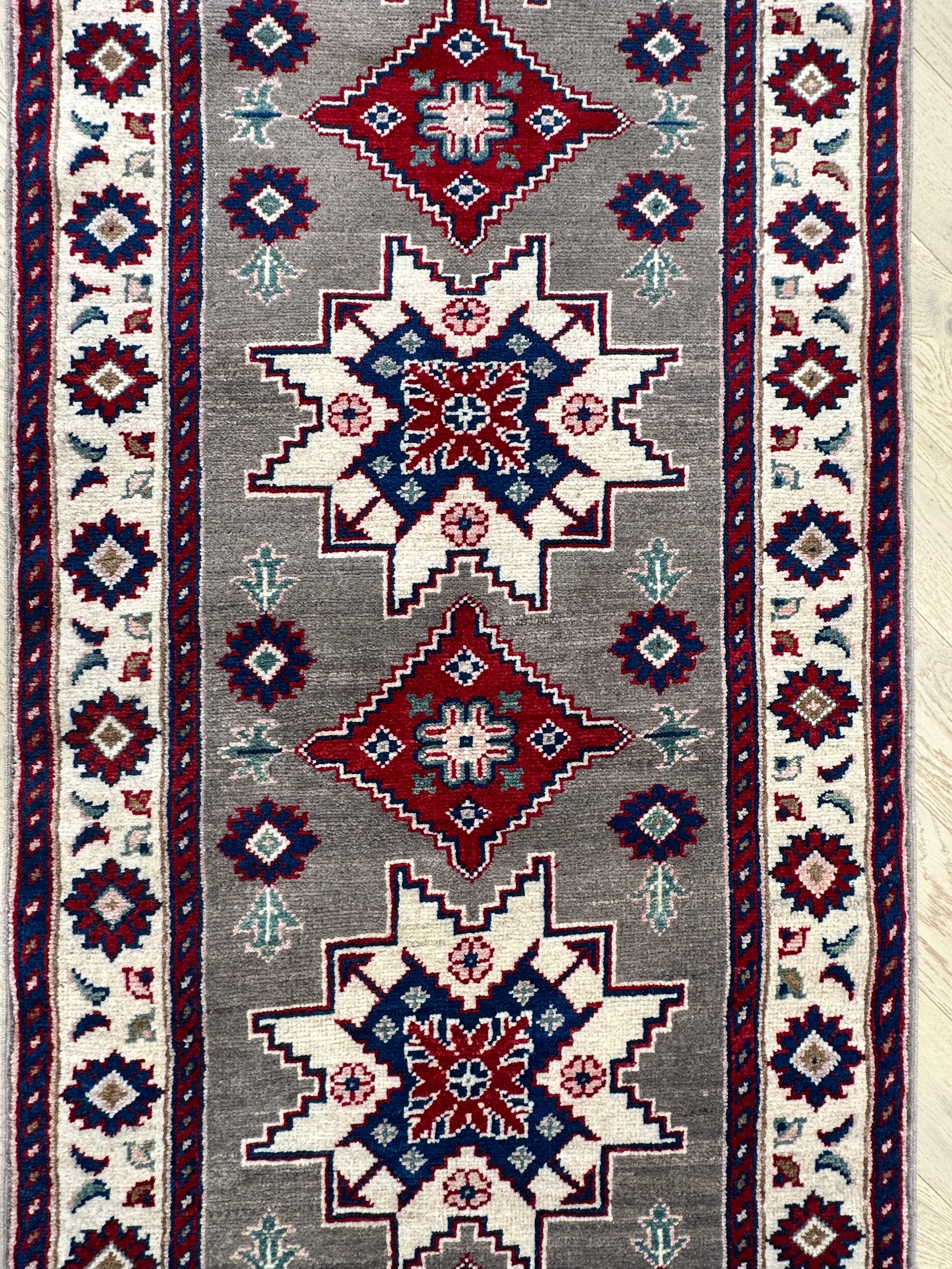Grey Kazak handmade runner — 2.90 x 0.82