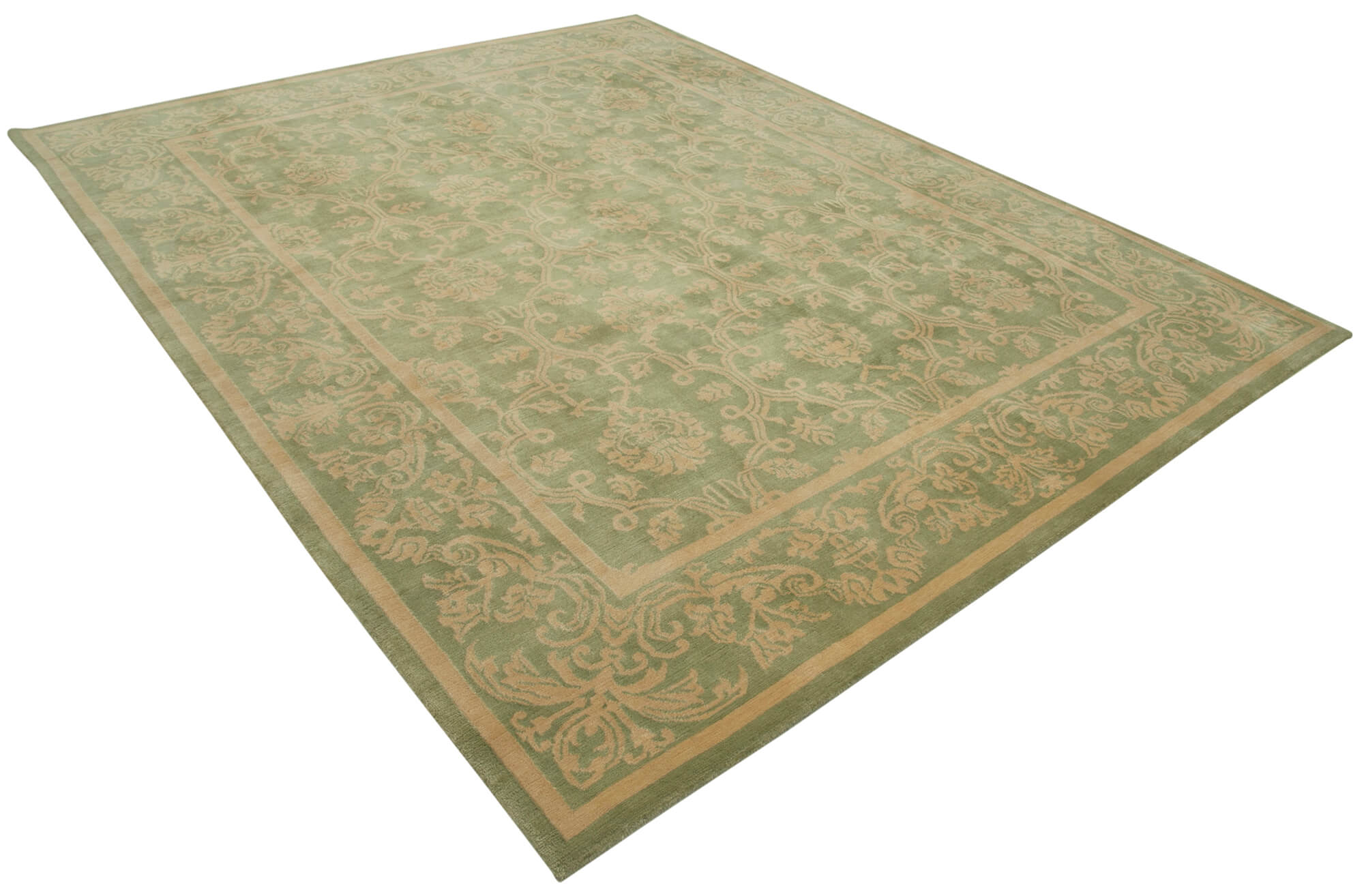 Beige Handmade Oushak Rug - Green and Beige Elegance — 2.50 x 3.10