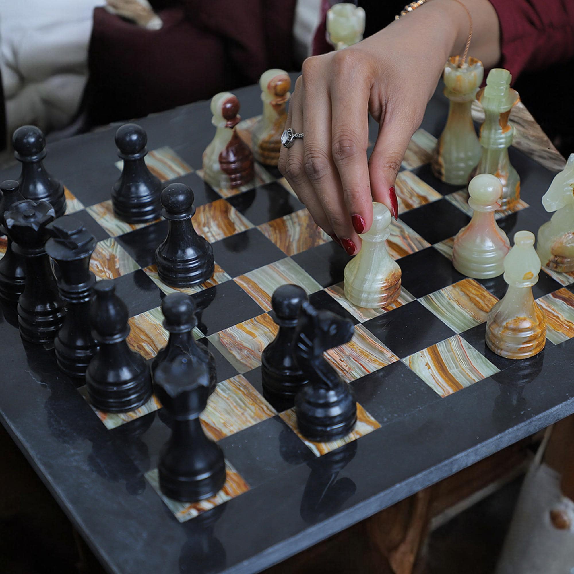 Green Marble chess board | Luxury Marble chess sets | Black & Onyx Green | Christmas gifts |Gift for her