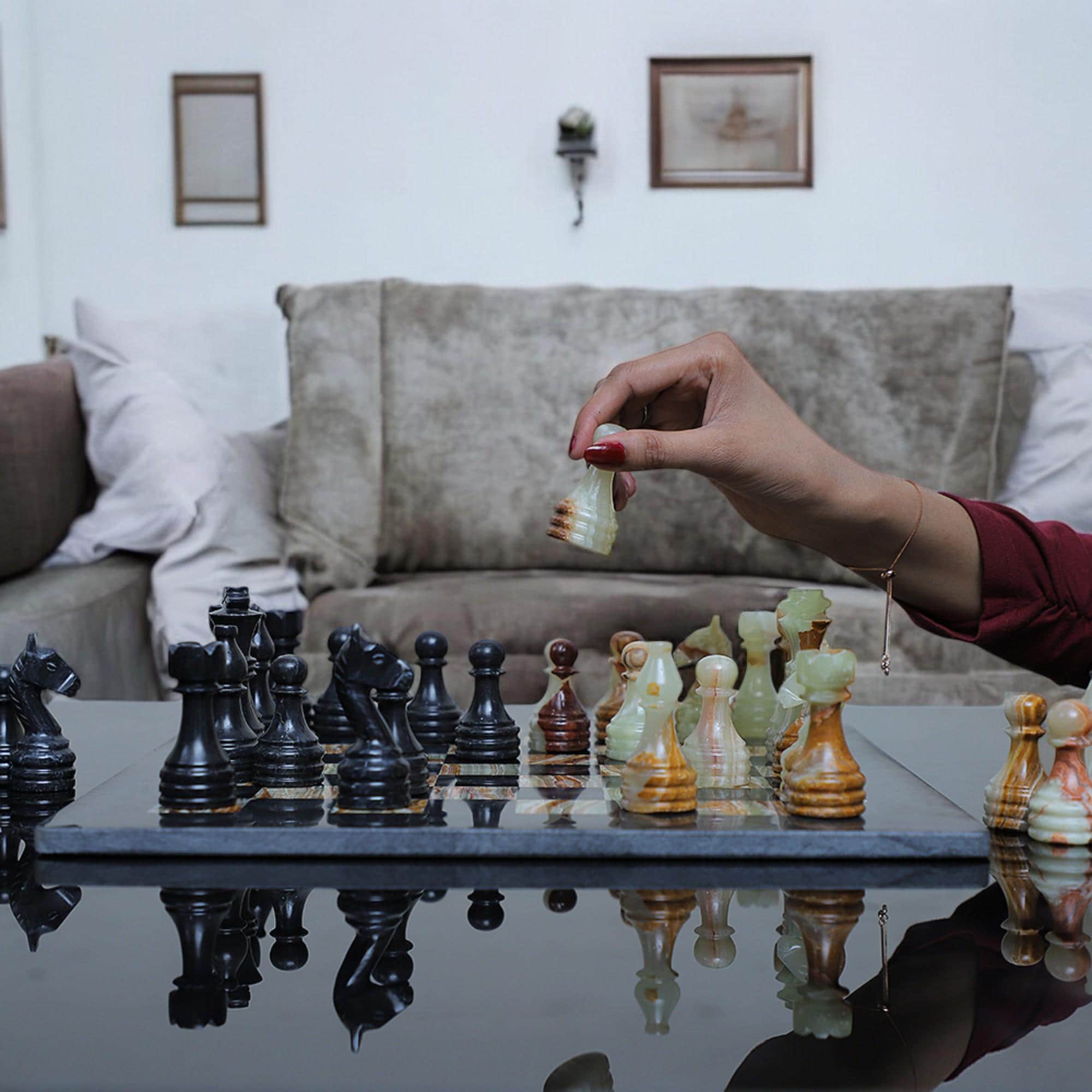 Green Marble chess board | Luxury Marble chess sets | Black & Onyx Green | Christmas gifts |Gift for her