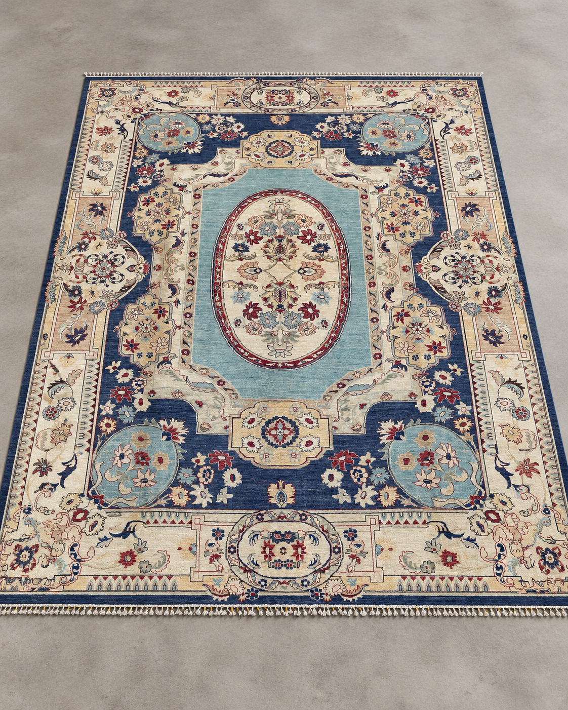 Afghan hand-knotted rug 270 x 360 cm, front studio visualization on matte concrete