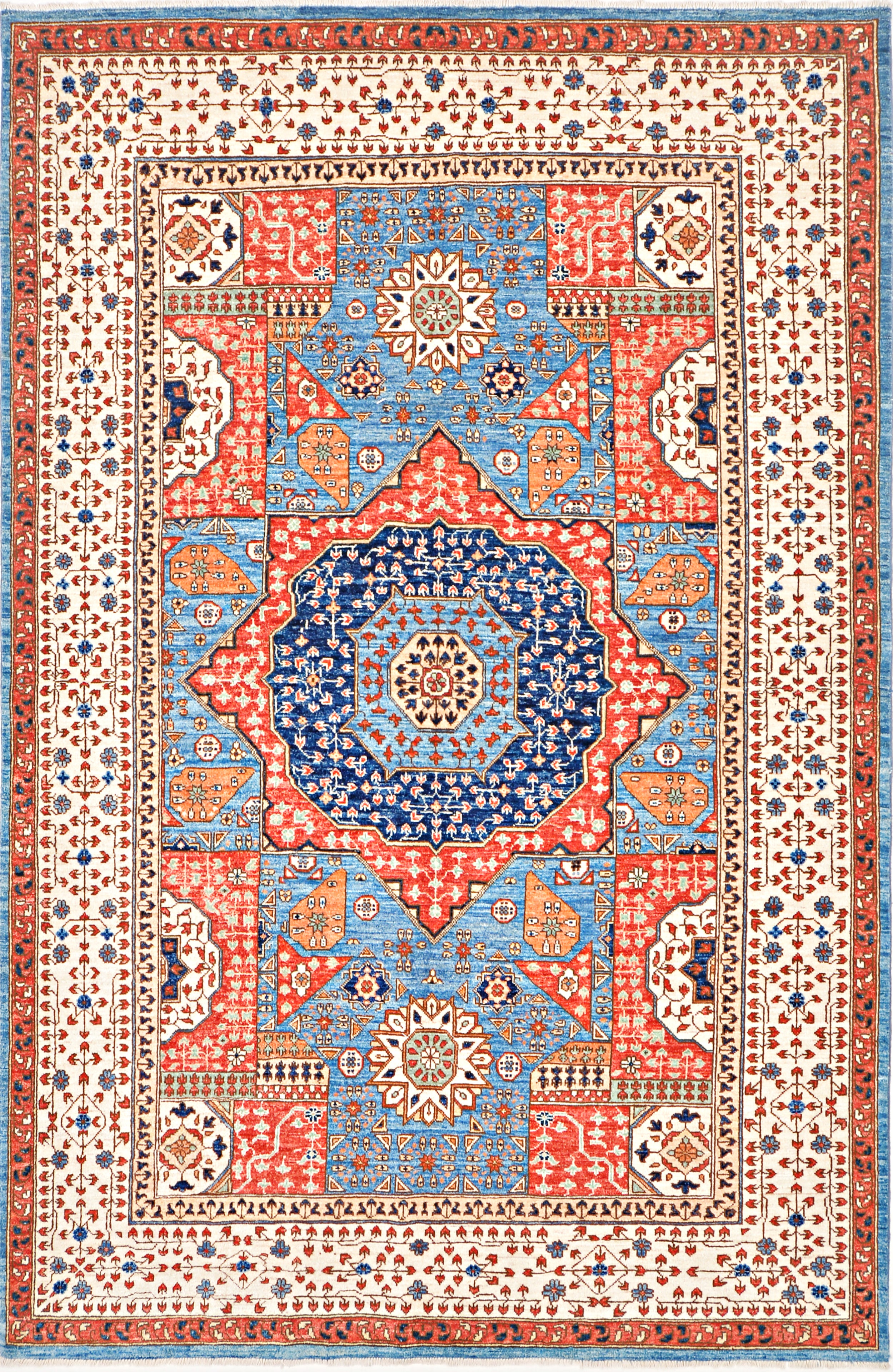 Asman-e-Firuzeh Afghan hand-knotted Ghazni wool rug, overhead view