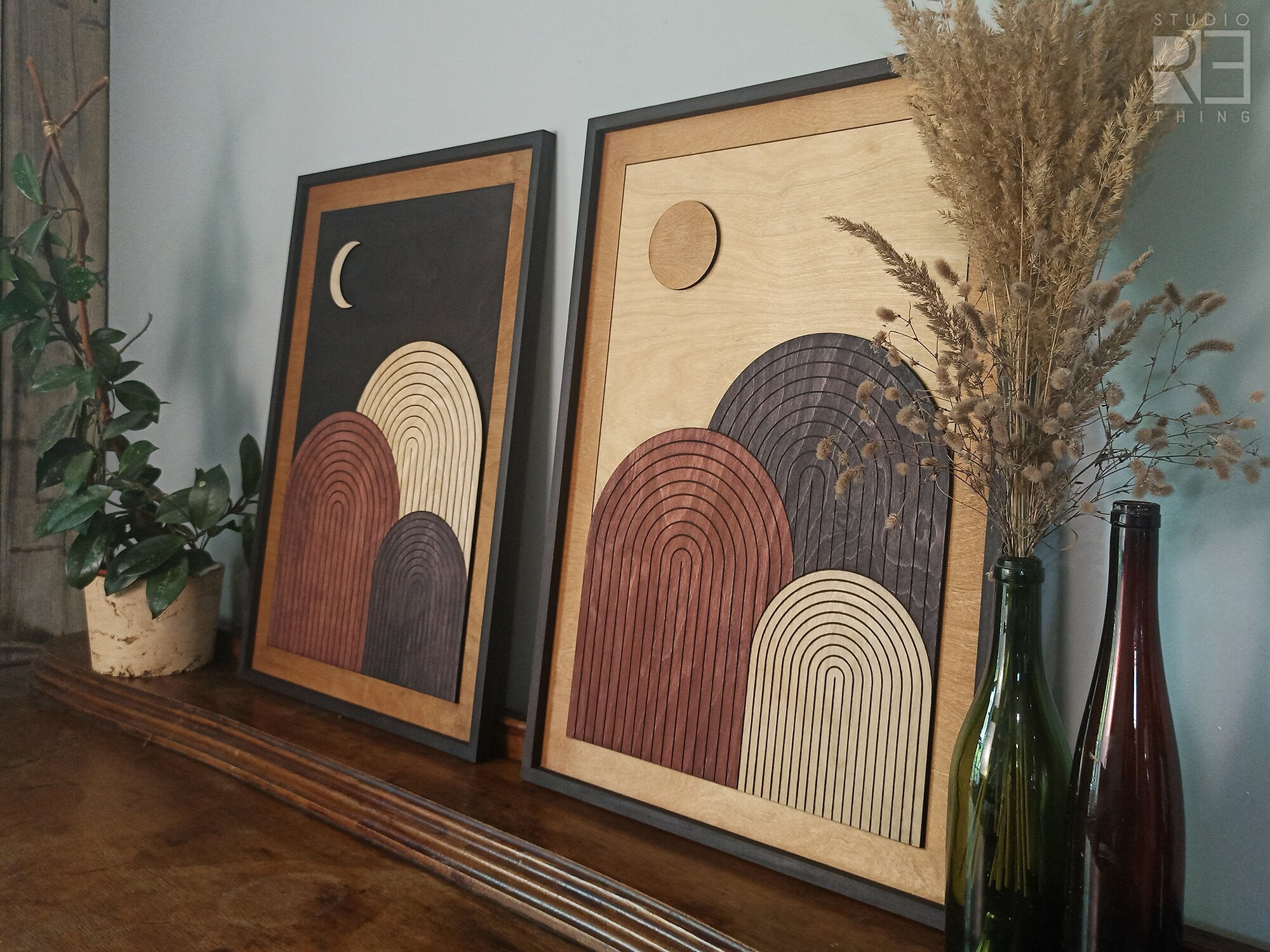 Set of 2: Sun and Moon Wood Wall Art Jerm | جِرْم