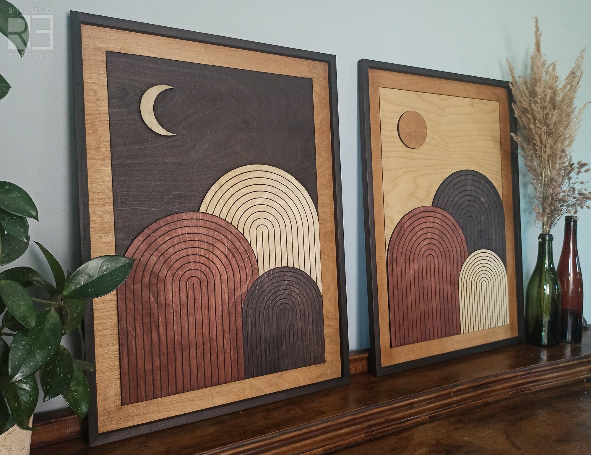 Set of 2: Sun and Moon Wood Wall Art Jerm | جِرْم