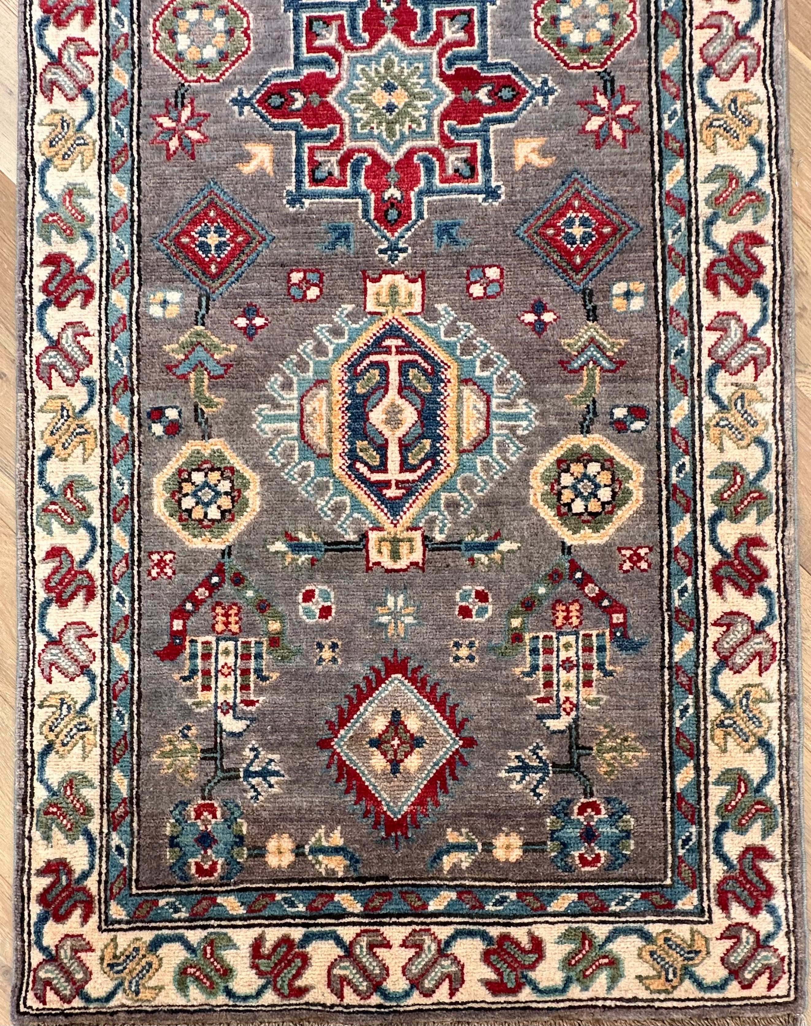 Grey Kazak handmade runner — 2.87 x 0.78