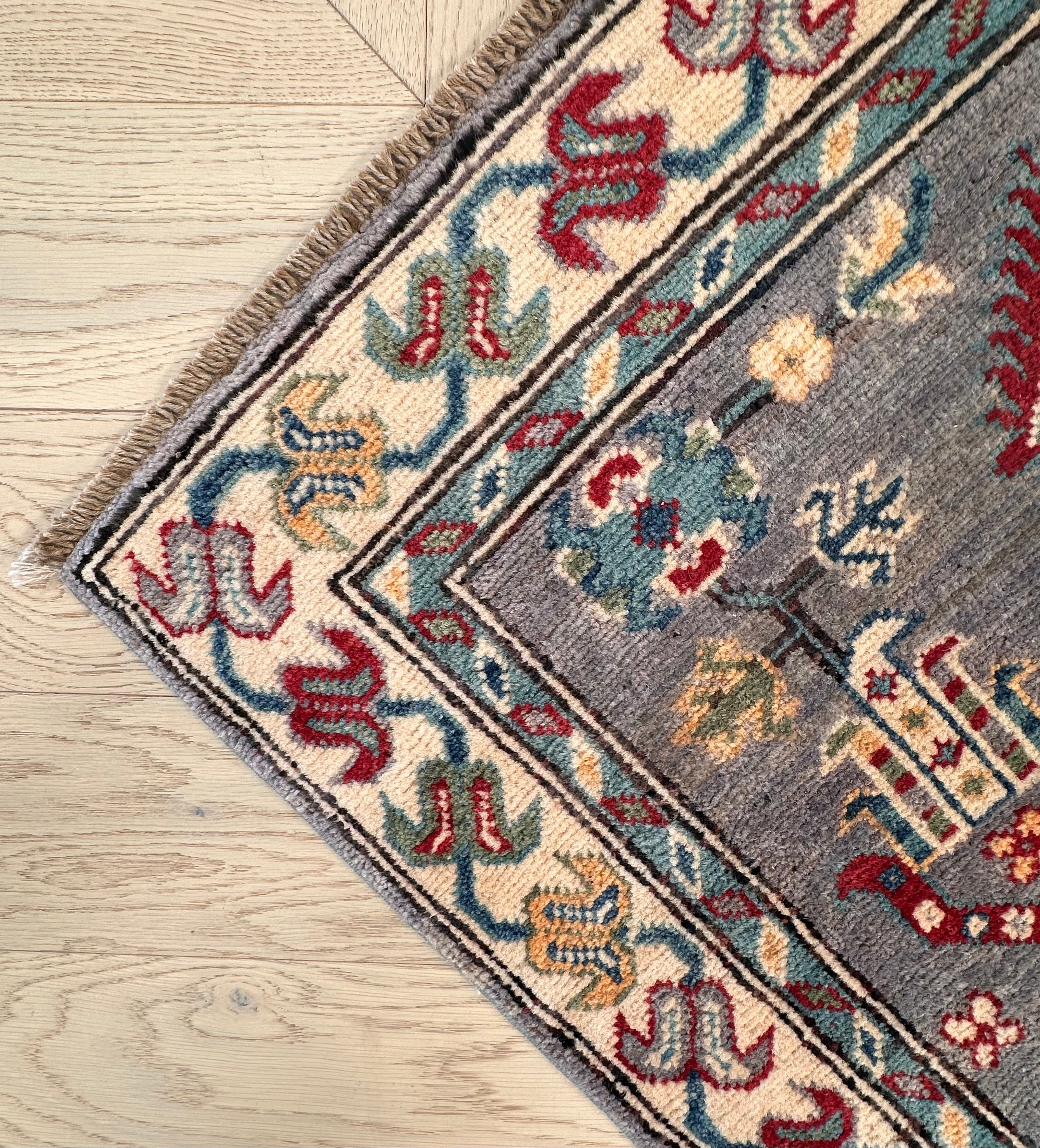 Grey Kazak handmade runner — 2.87 x 0.78
