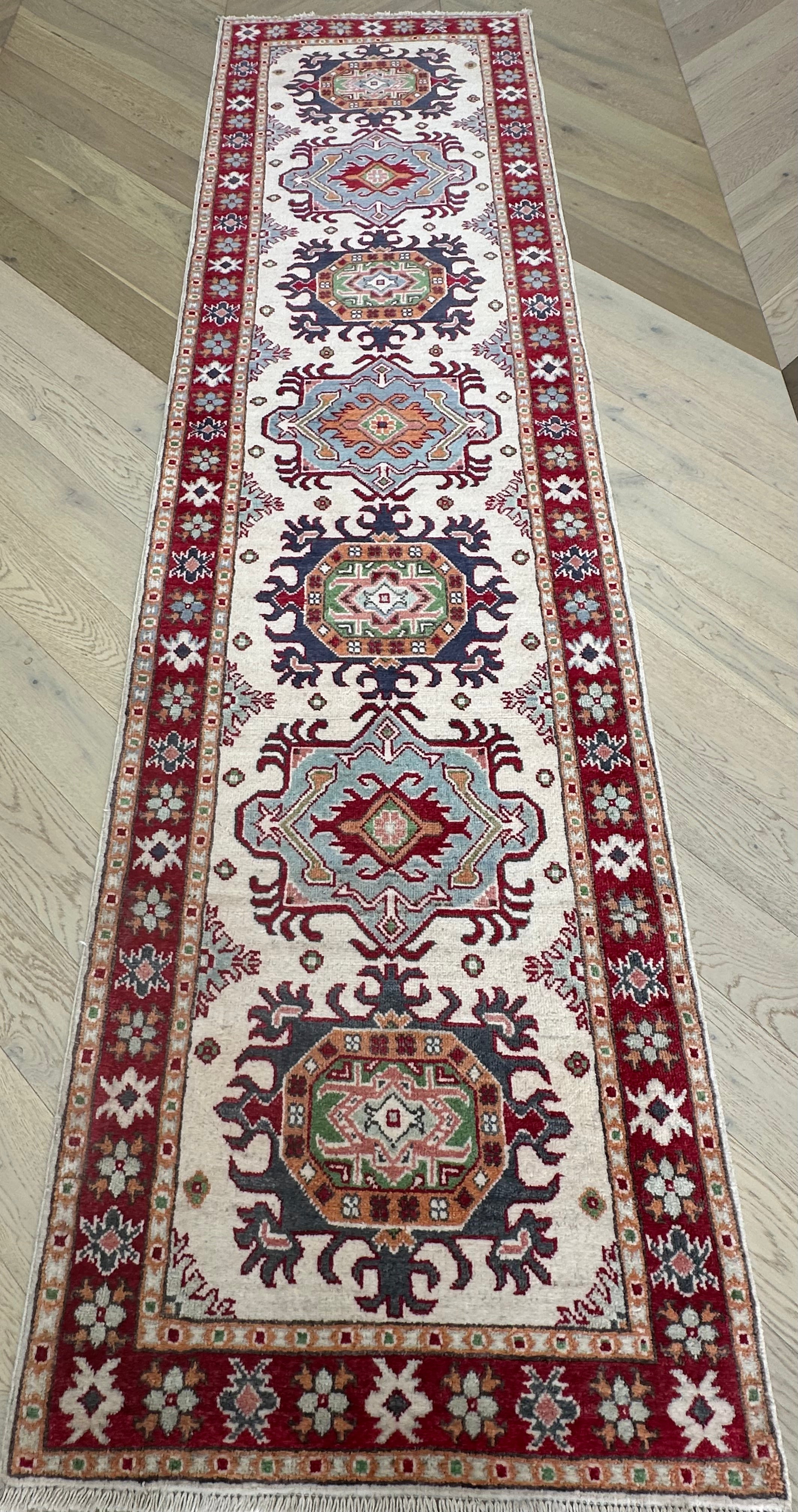 Grey Kazak handmade runner — 2.91 x 0.76