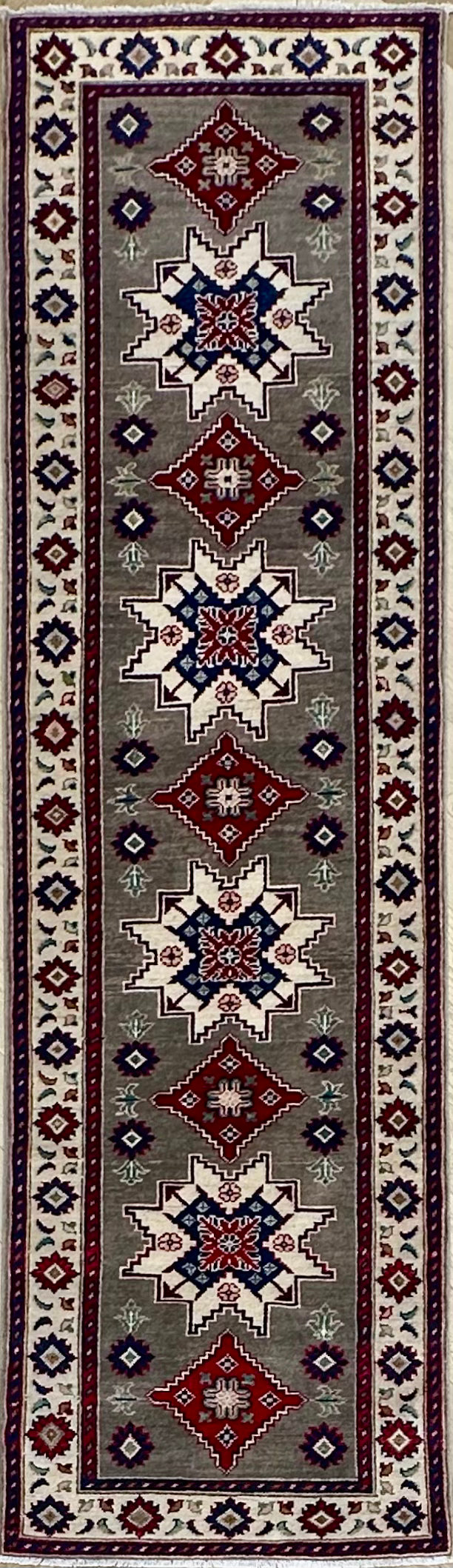Grey Kazak handmade runner — 2.90 x 0.82