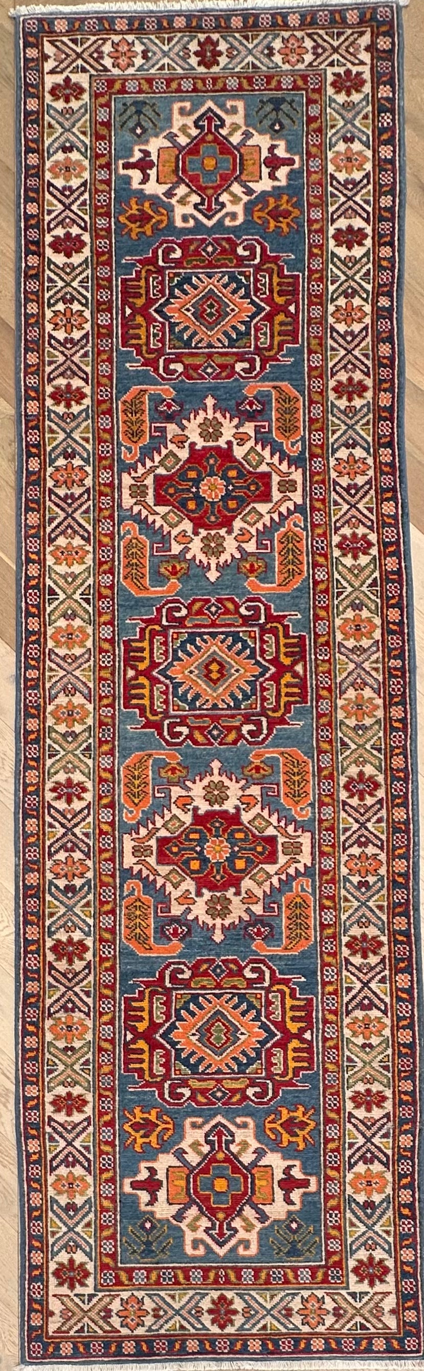 Grey Kazak handmade runner — 2.93 x 0.84