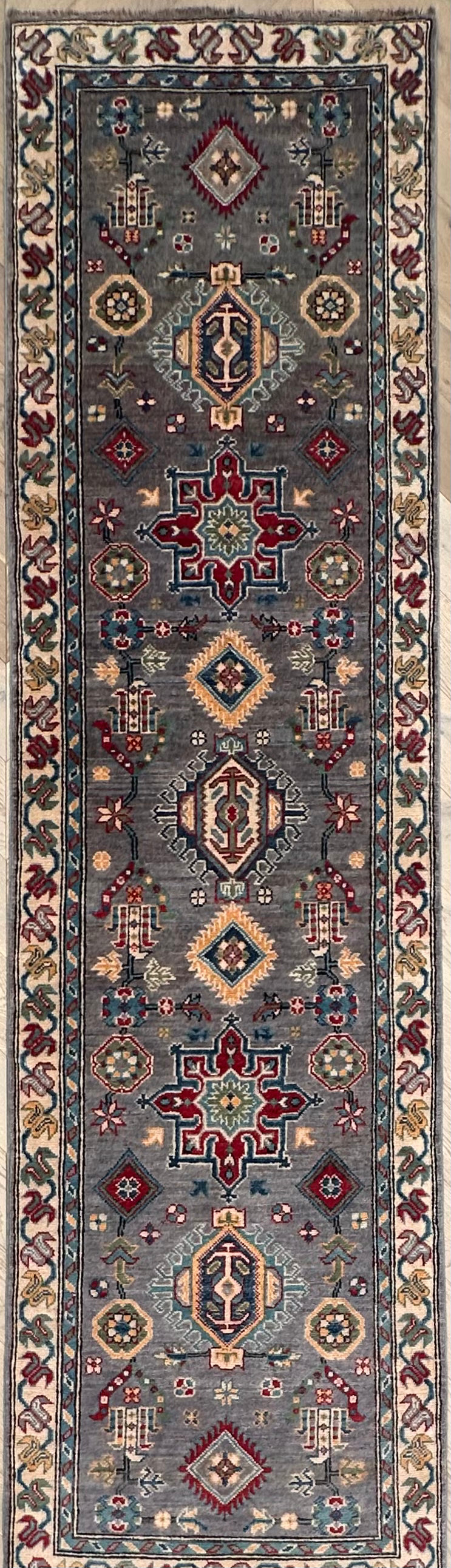 Grey Kazak handmade runner — 2.87 x 0.78