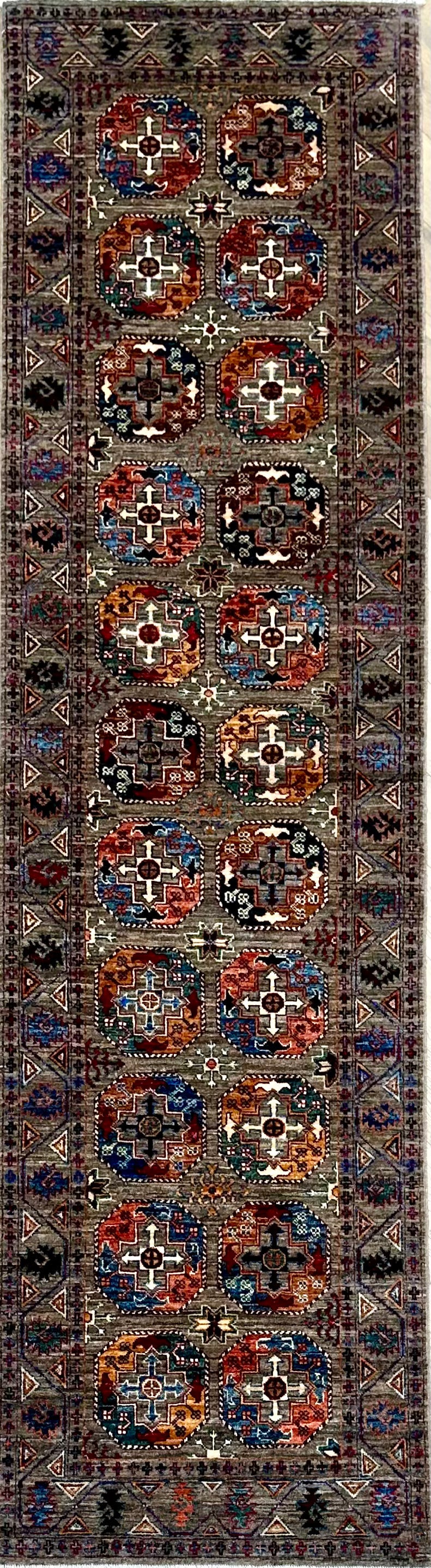 Grey Chobi Afghan Handmade — 3.00 x 0.81