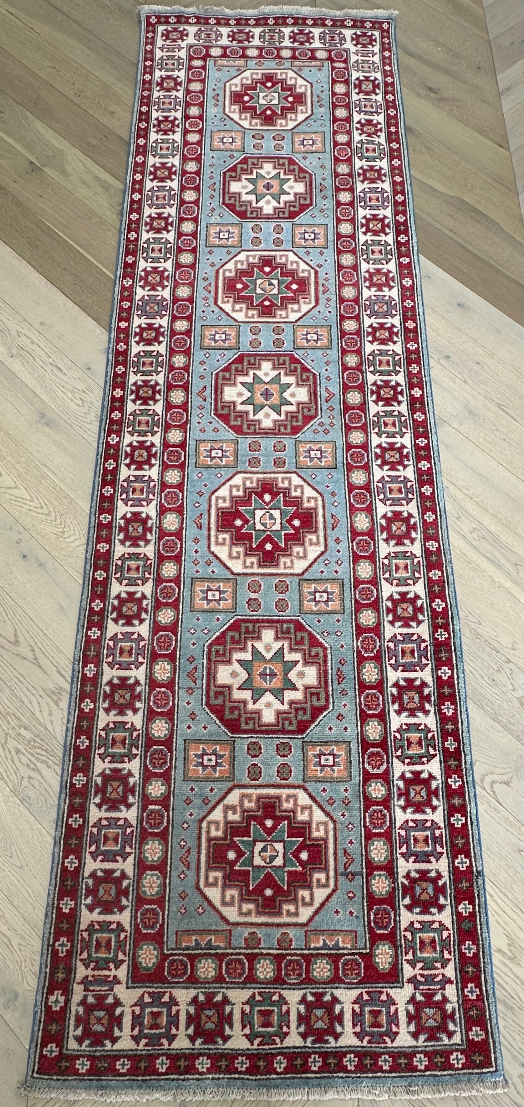 Grey Kazak handmade runner — 2.94 x 0.79