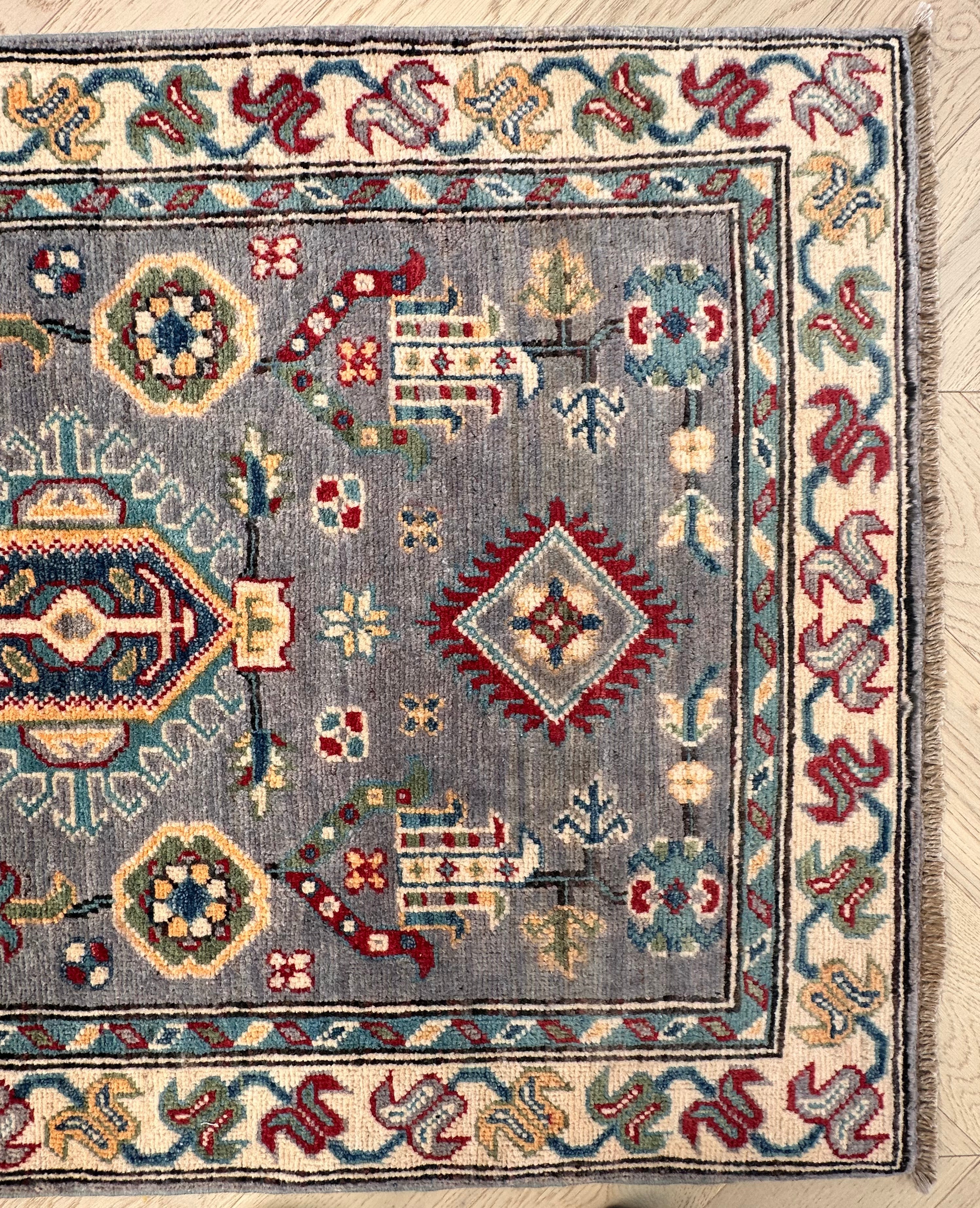 Grey Kazak handmade runner — 2.87 x 0.78