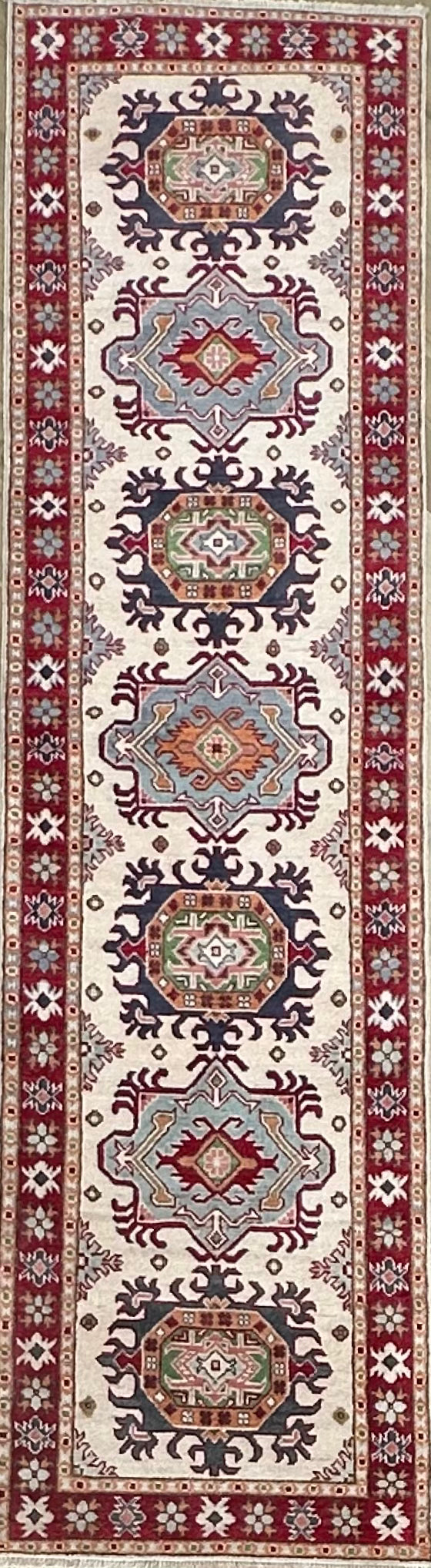 Grey Kazak handmade runner — 2.91 x 0.76