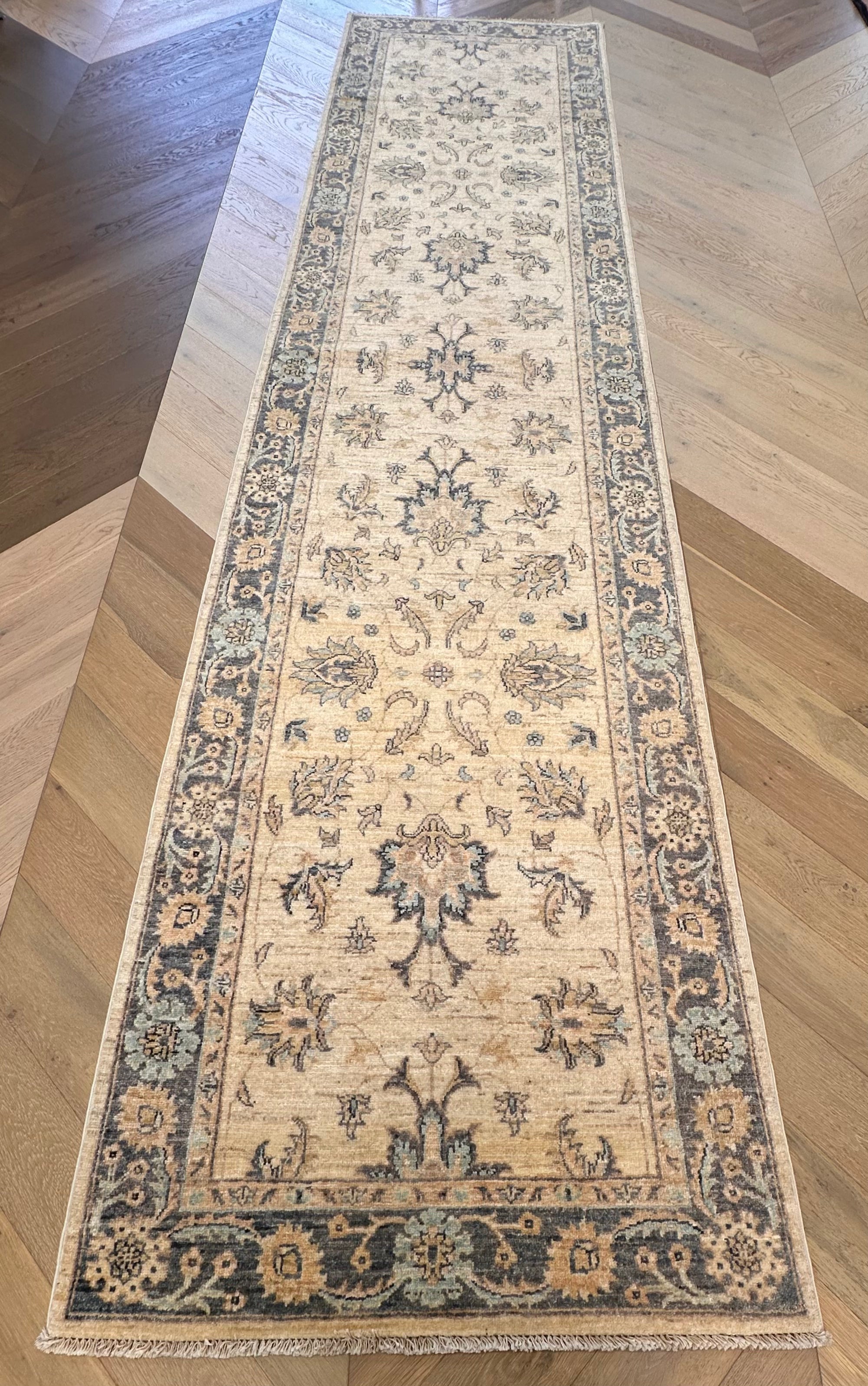 Beige Chobi Afghan Handmade — 3.83 x 0.89