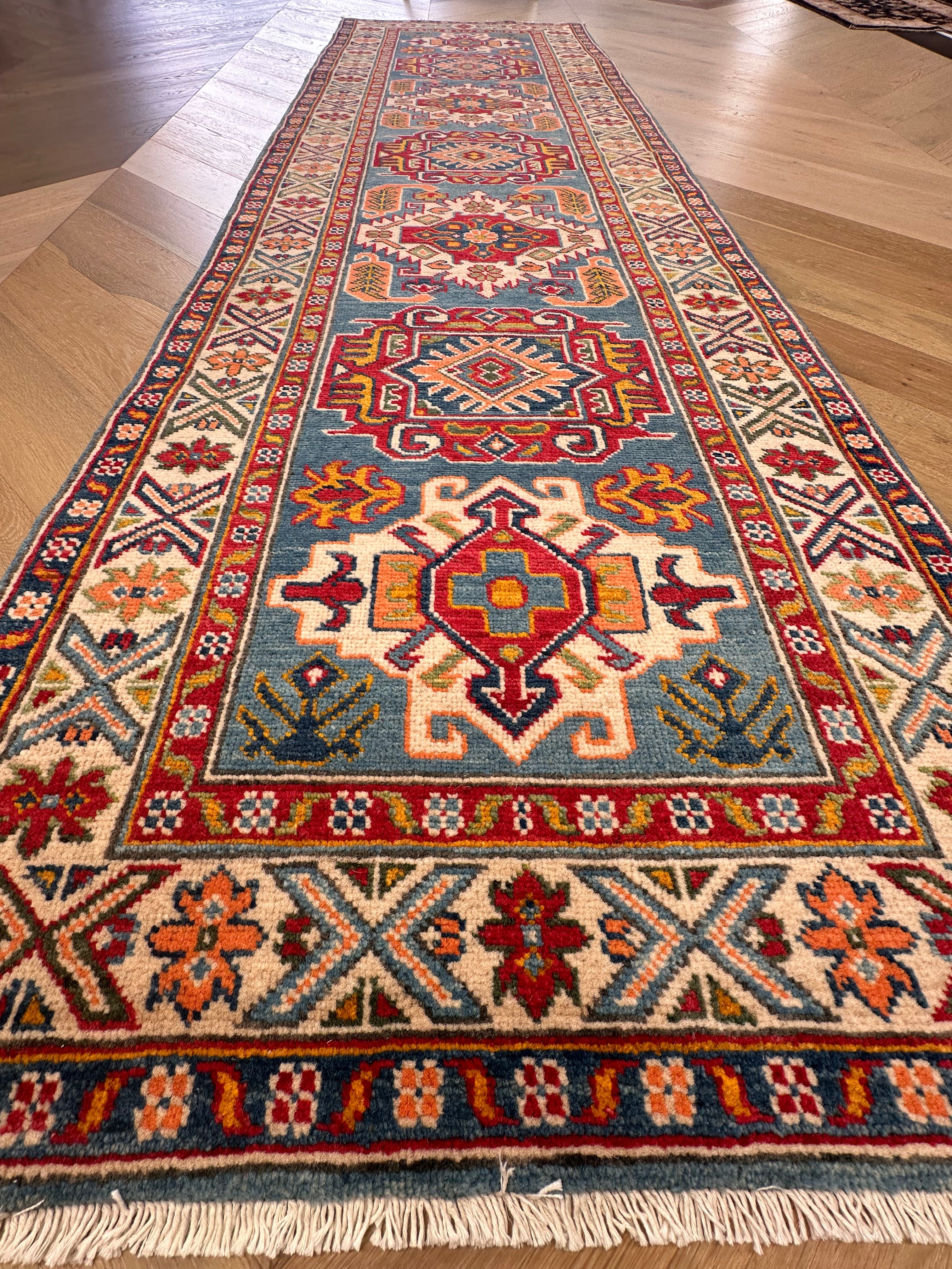Grey Kazak handmade runner — 2.93 x 0.84