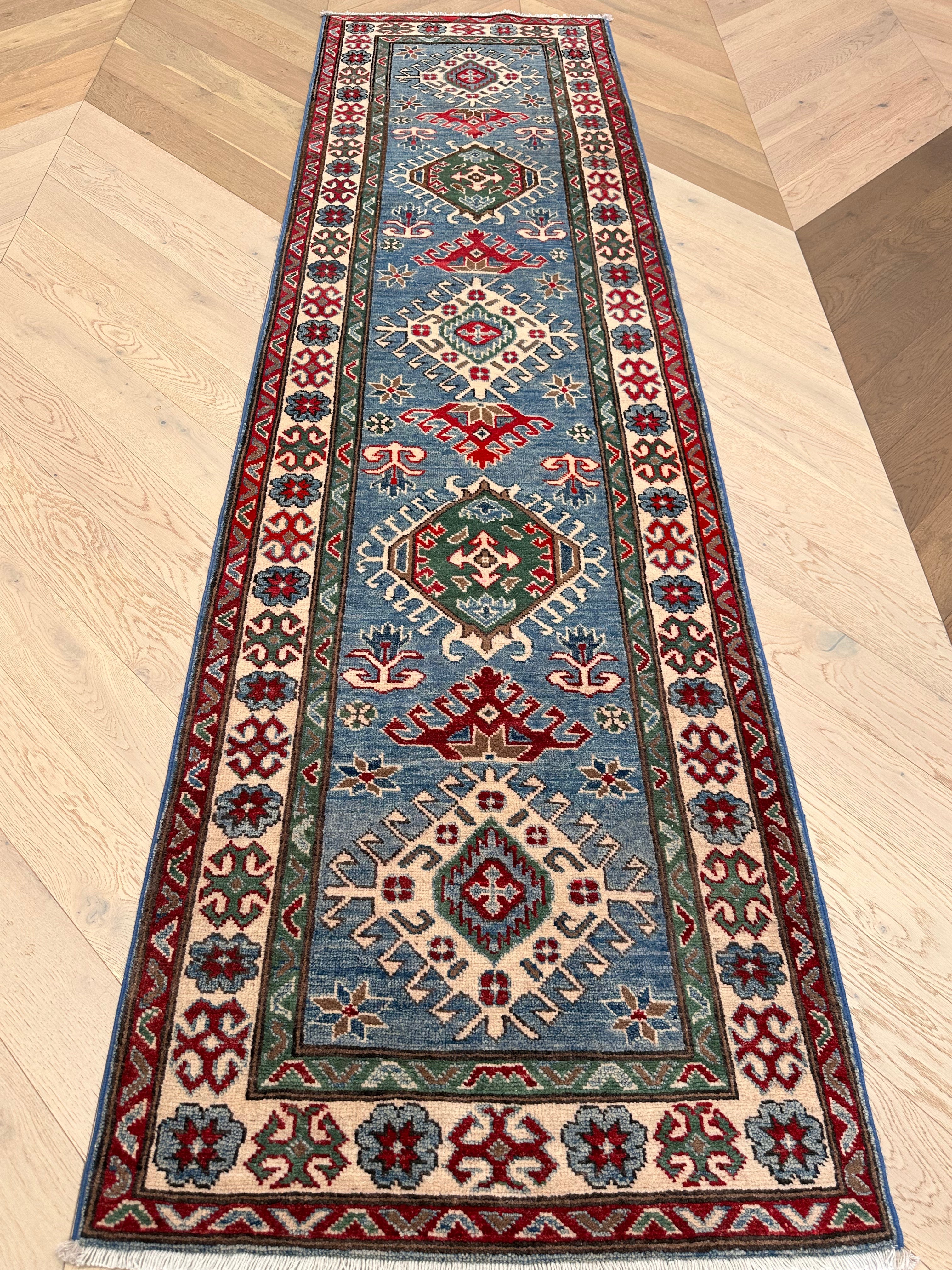 Grey Kazak handmade runner — 2.93 x 0.84