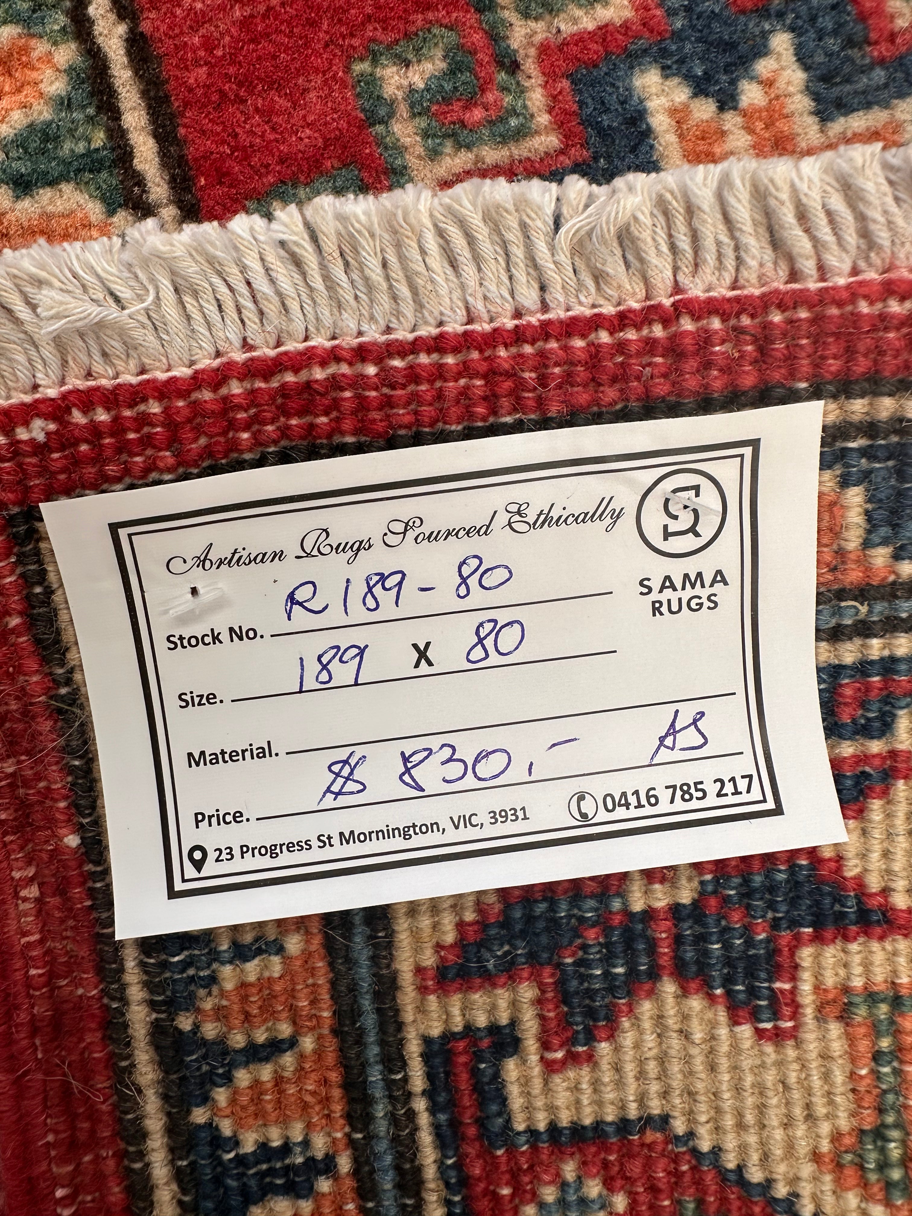 Red Kazak handmade runner — 1.89 x 0.80