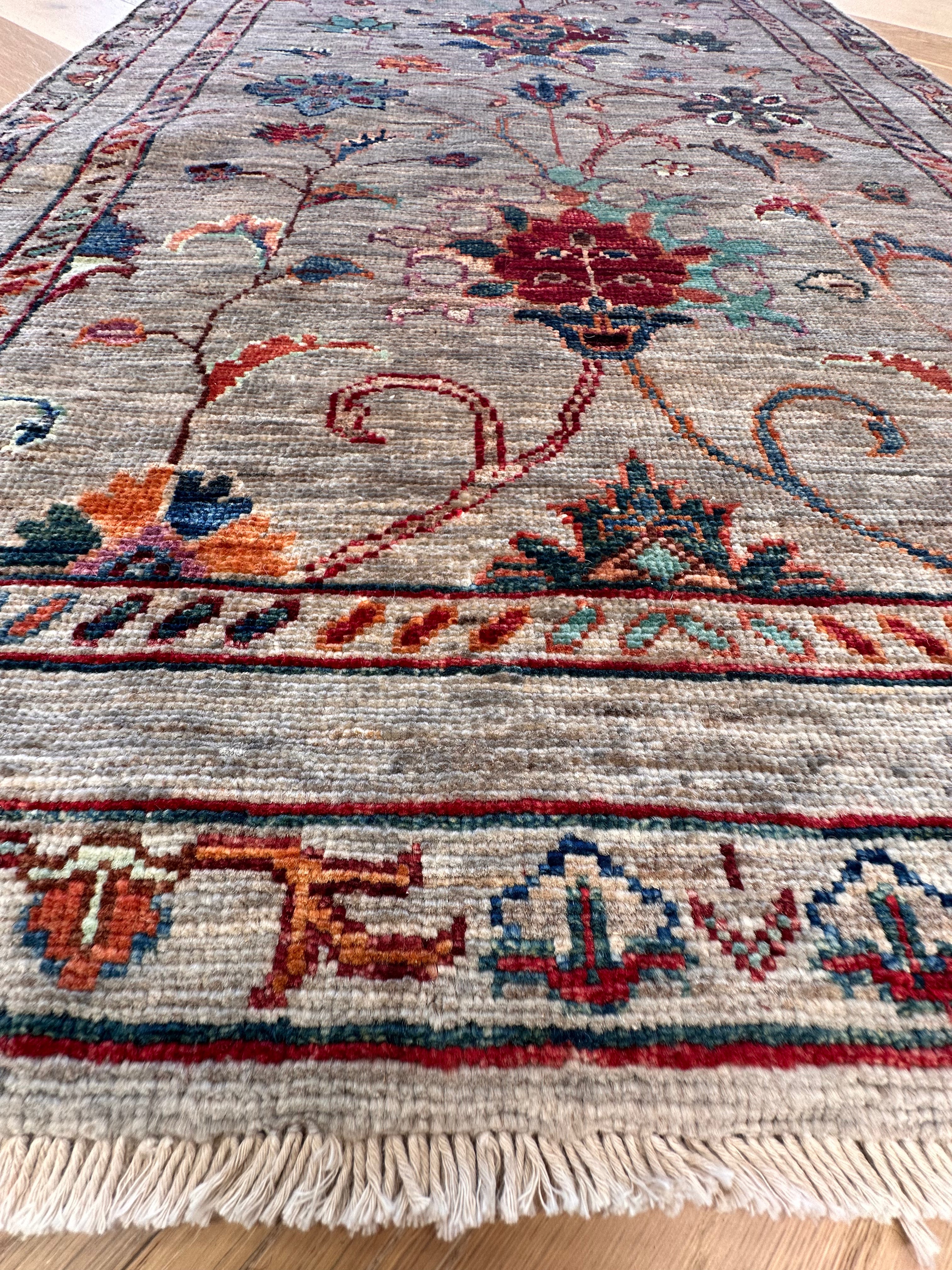 Beige Chobi Afghan Handmade — 2.45 x 0.80