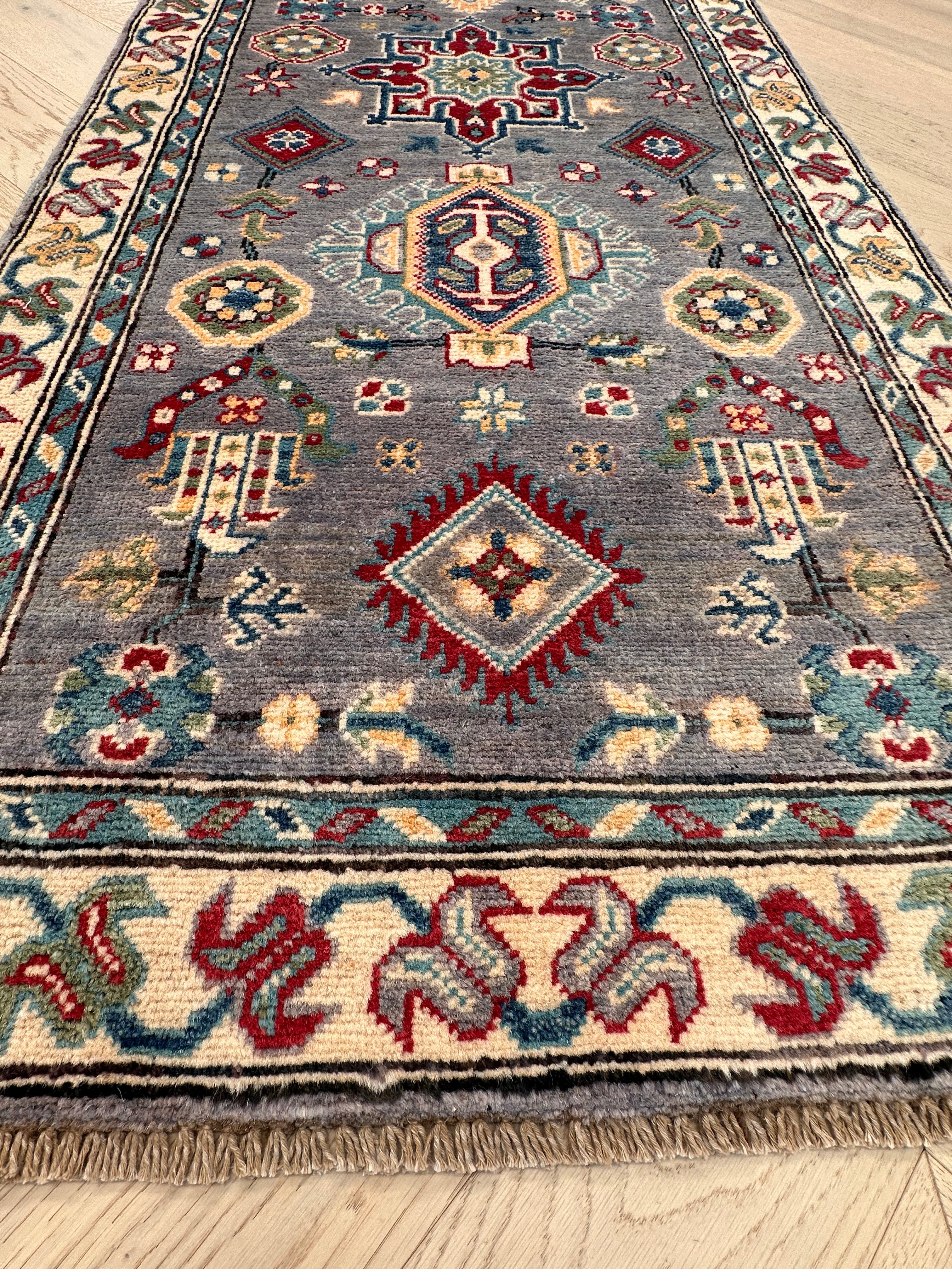 Grey Kazak handmade runner — 2.87 x 0.78