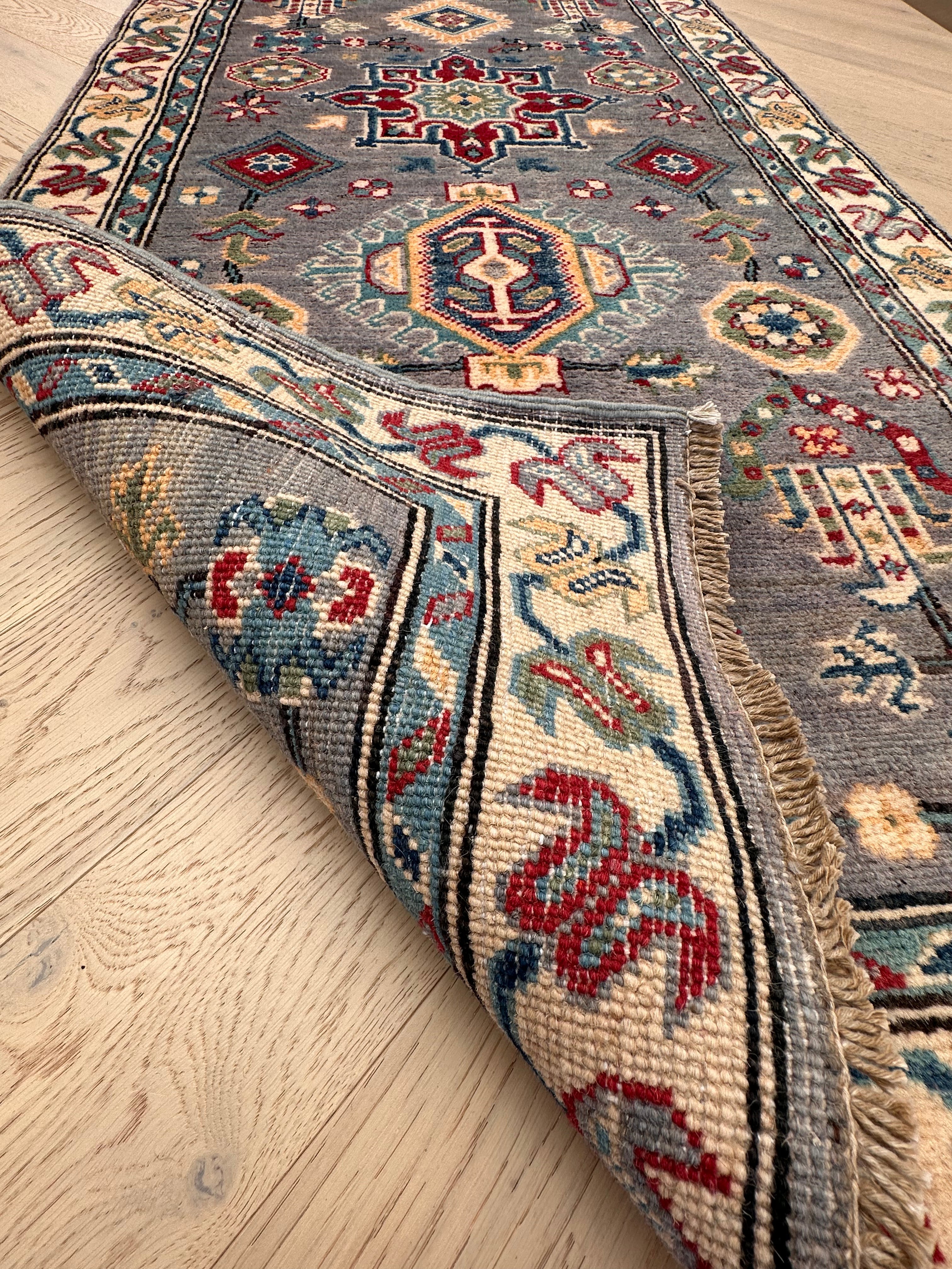 Grey Kazak handmade runner — 2.87 x 0.78