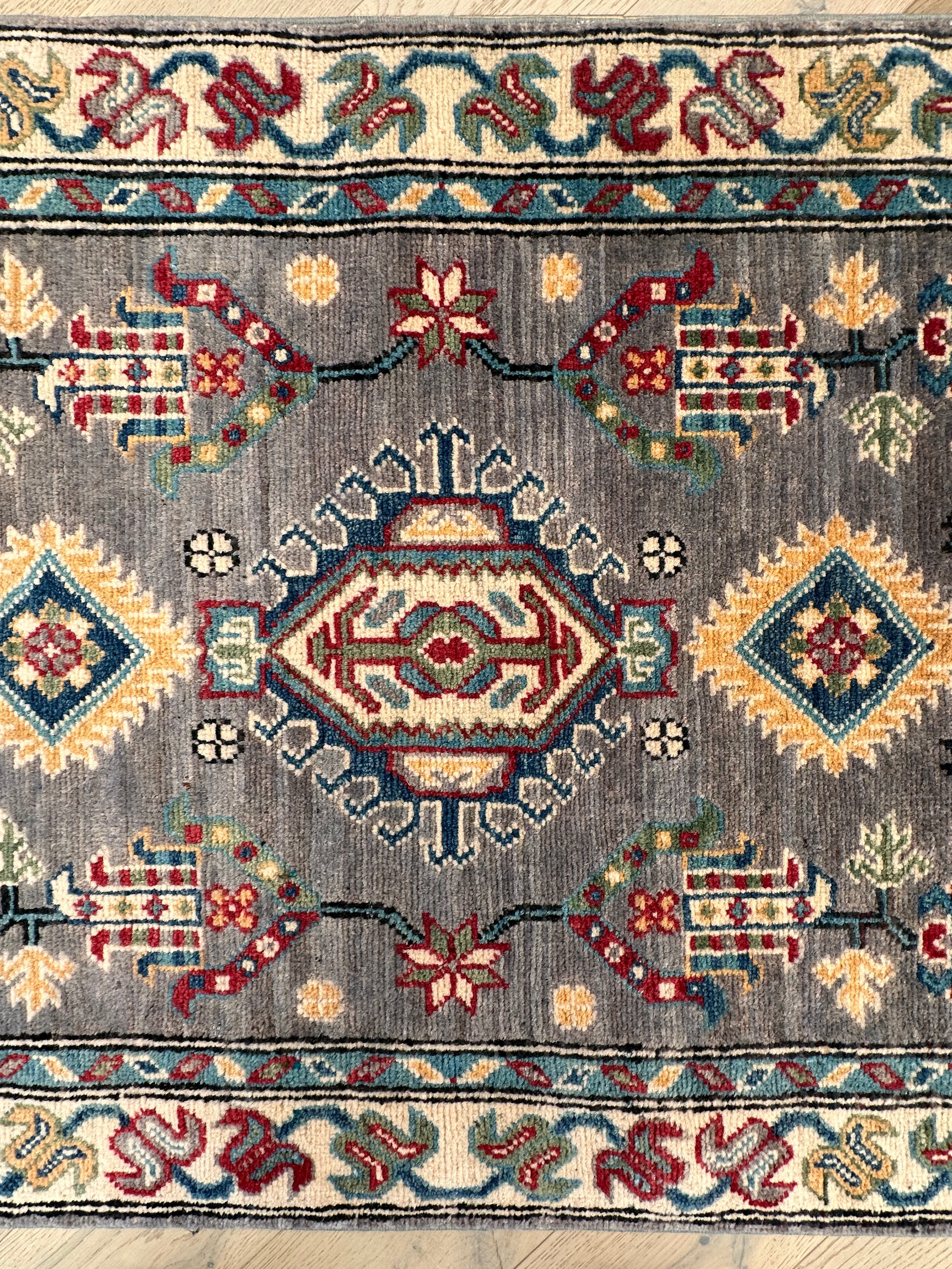 Grey Kazak handmade runner — 2.87 x 0.78