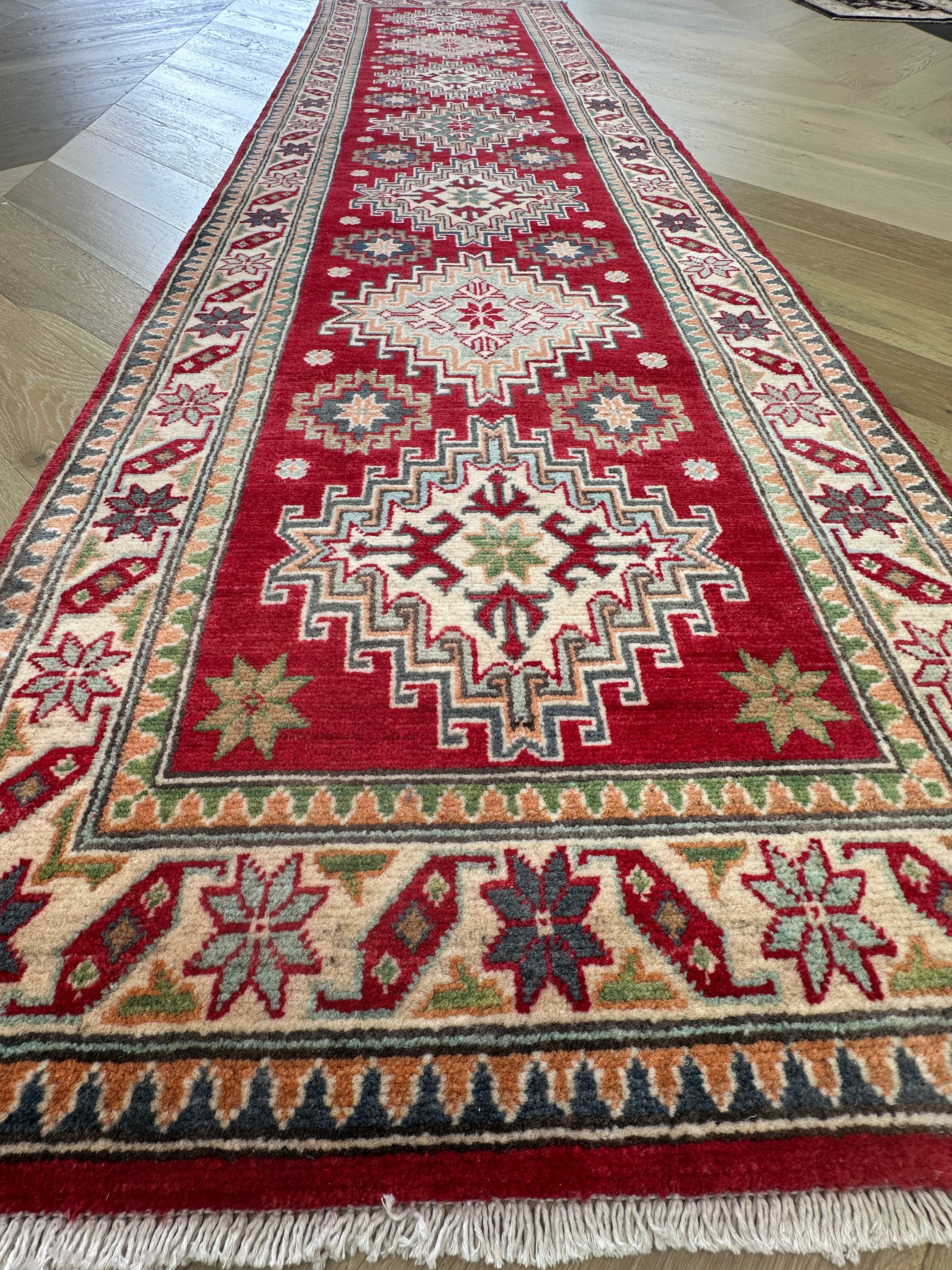 Grey Kazak handmade runner — 2.92 x 0.80