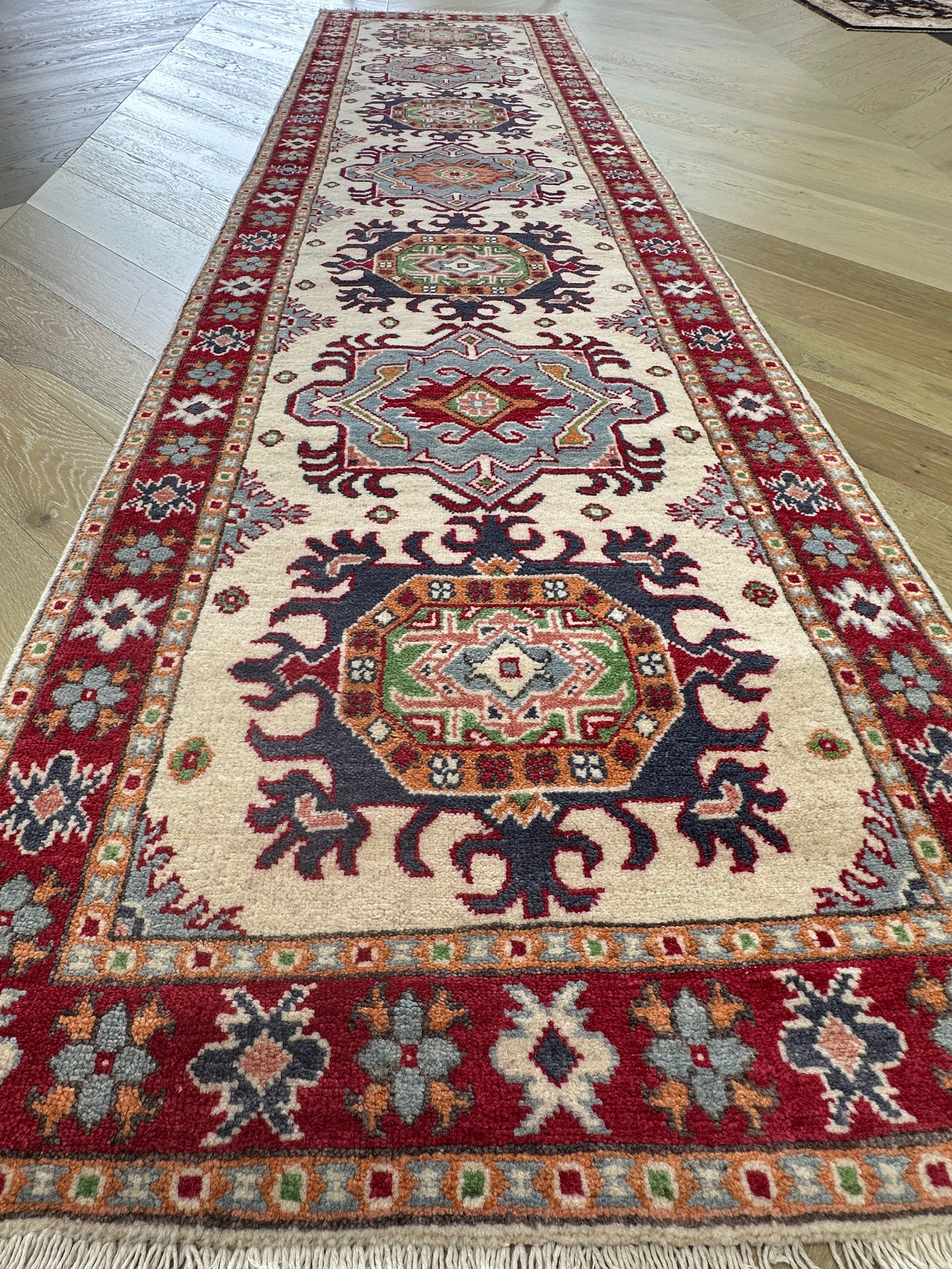Grey Kazak handmade runner — 2.91 x 0.76