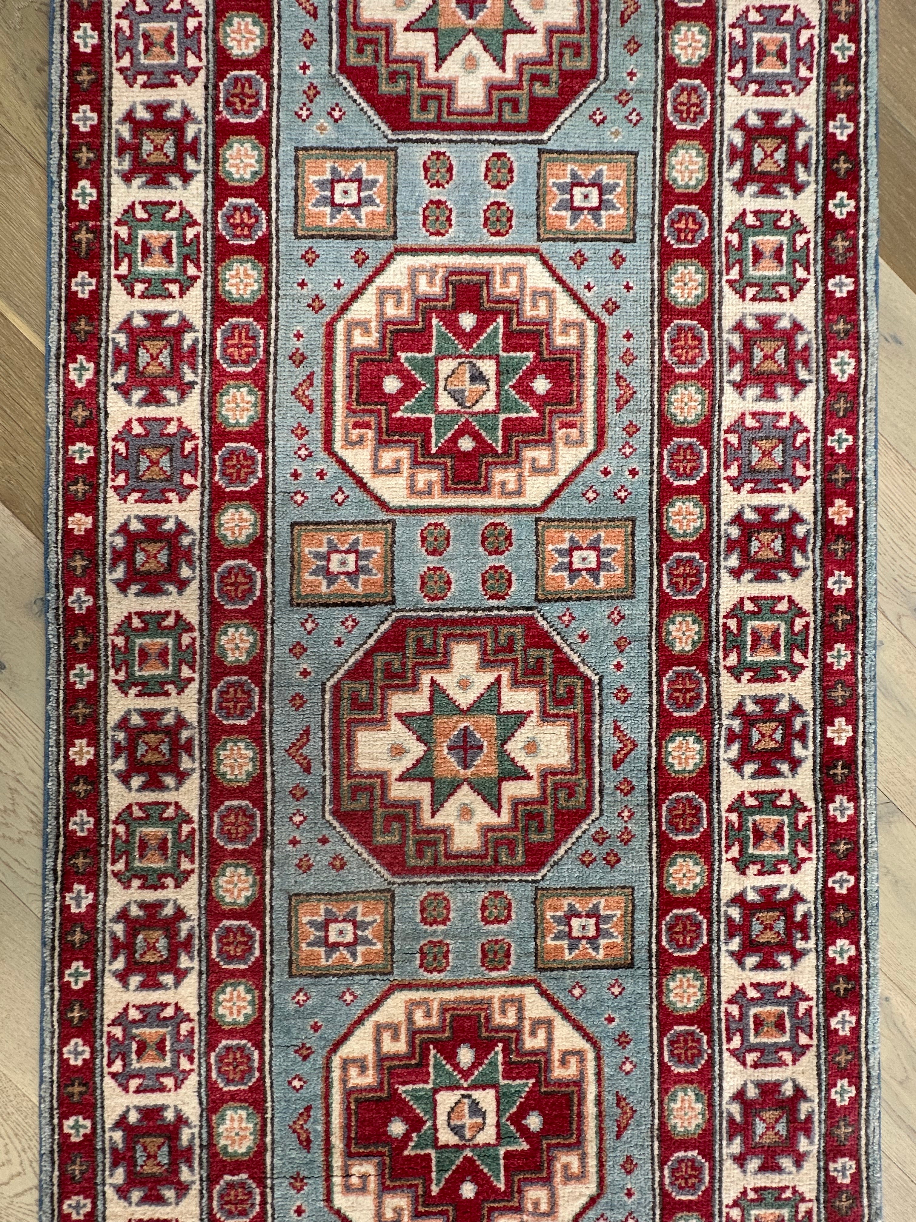 Grey Kazak handmade runner — 2.94 x 0.79