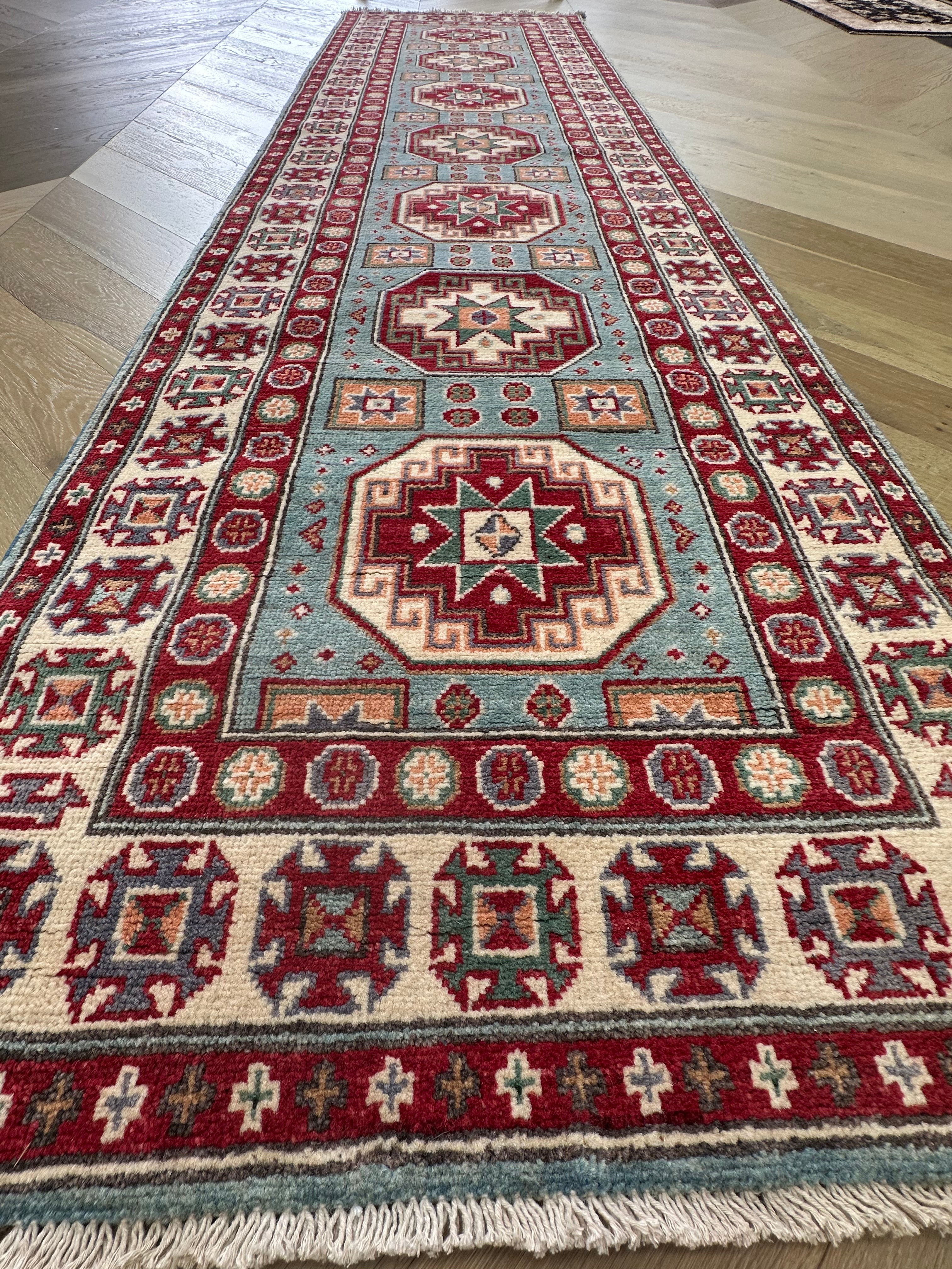 Grey Kazak handmade runner — 2.94 x 0.79
