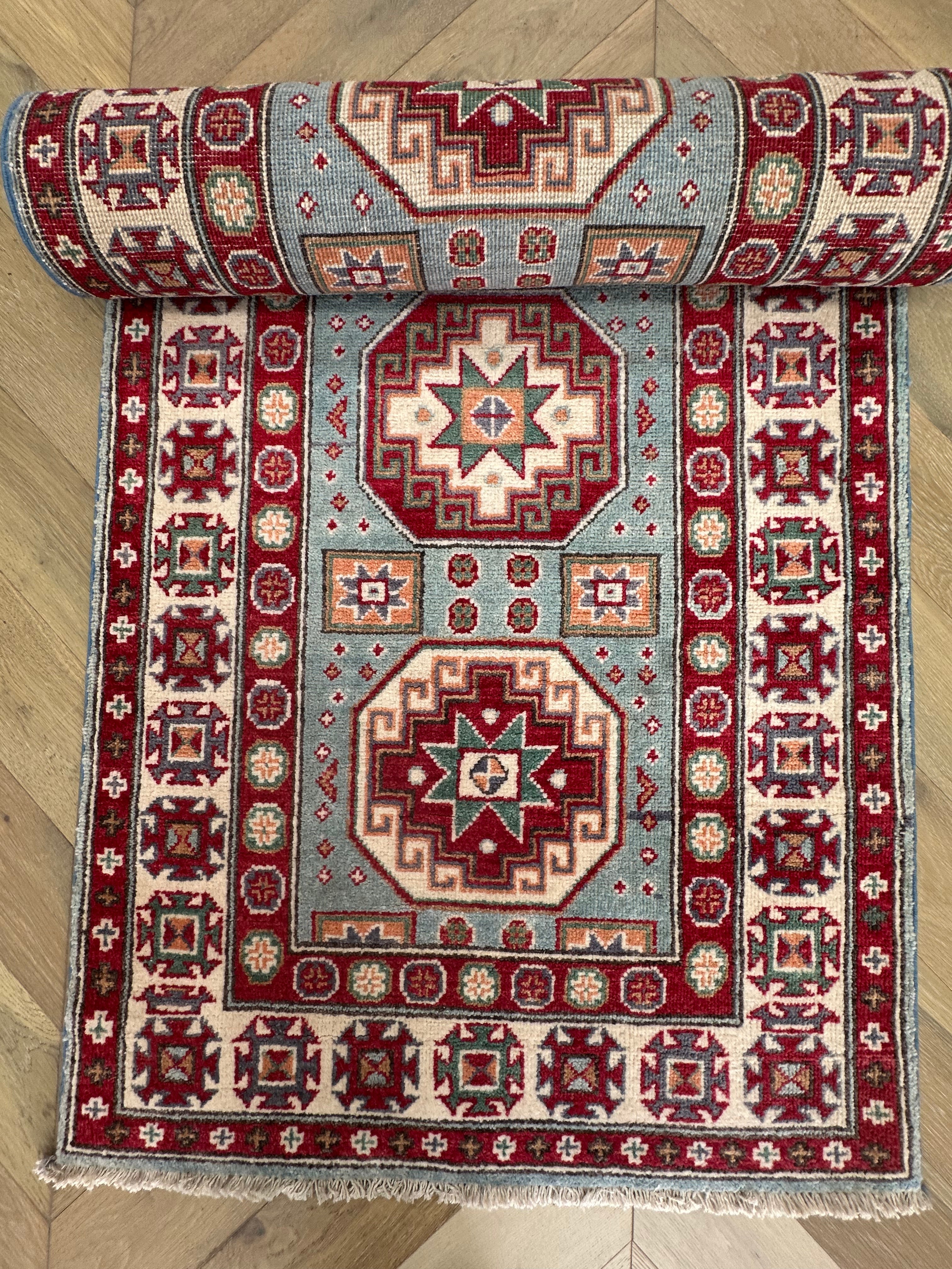 Grey Kazak handmade runner — 2.94 x 0.79