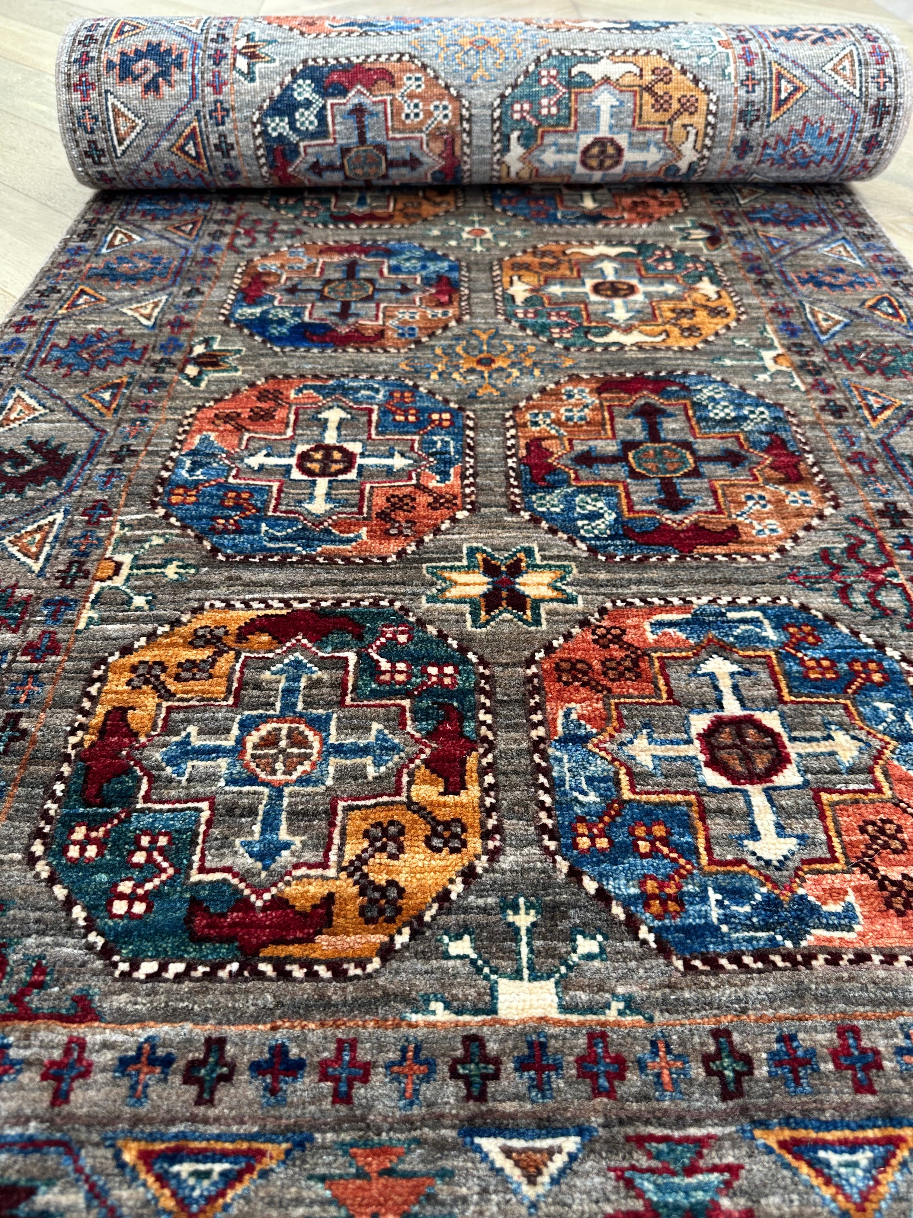 Grey Chobi Afghan Handmade — 3.00 x 0.81