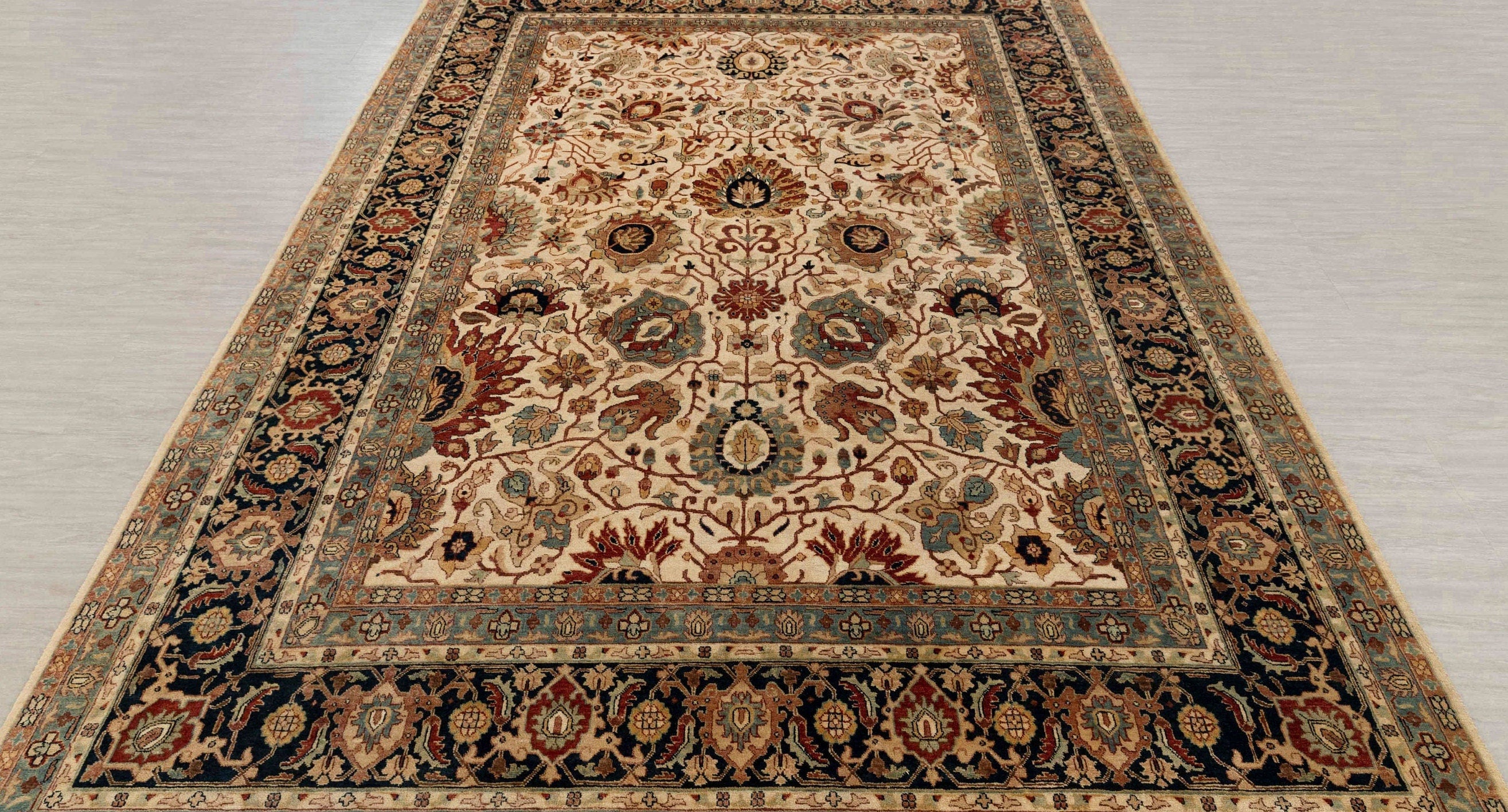 9x12 Cream Navy Persian Design Hadji Jalili Hand Knotted Wool Rug, Classic  Decor-5658