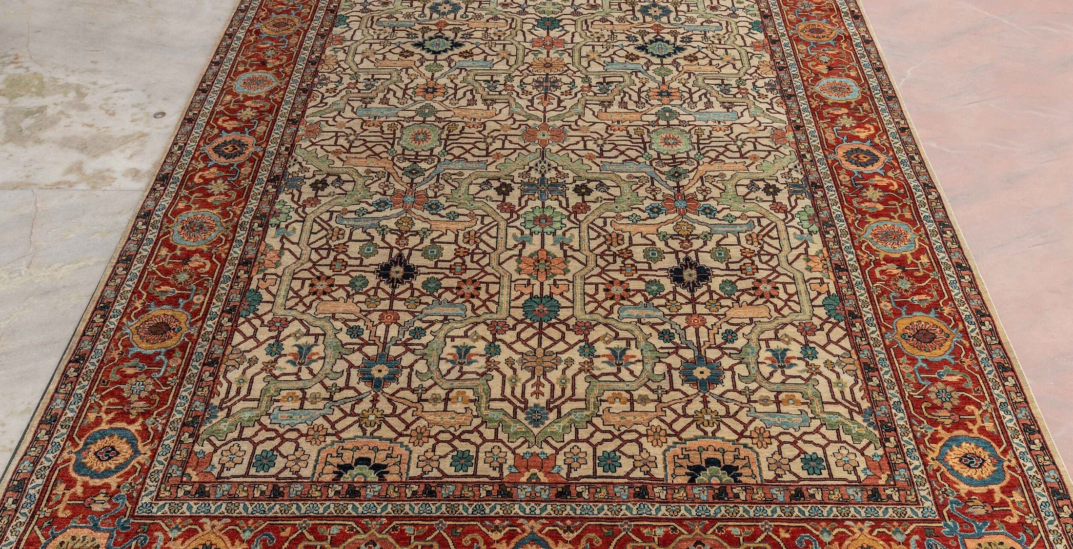 Area Rug Retro Mahal High Quality Hand Knotted Wool Rug...Color-BeigeRed..Multiple Sizes in Stock.