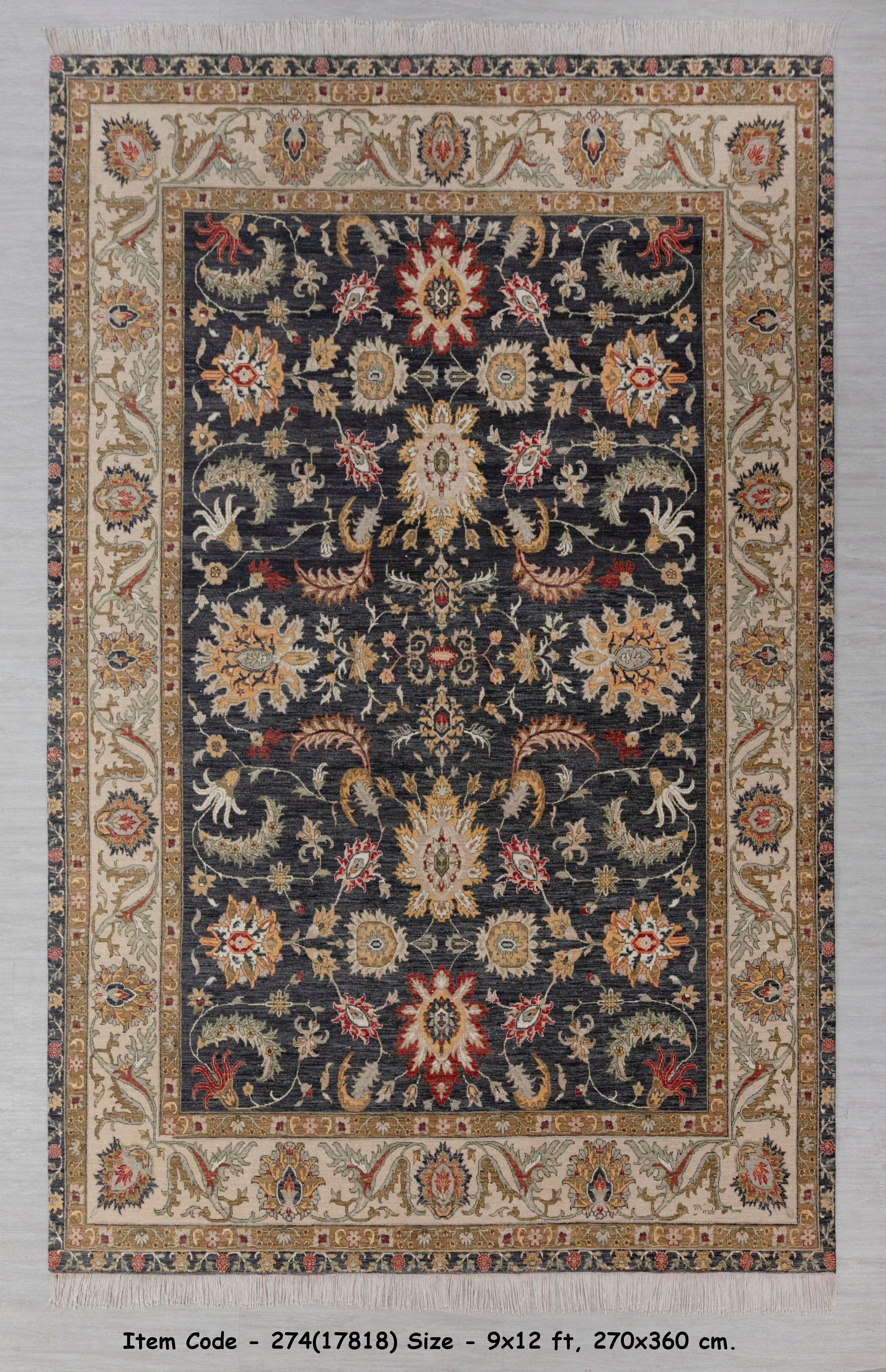 9x12 Charcoal Beige  Retro Kerman Hand Knotted High Quality 100% Wool Rug-274