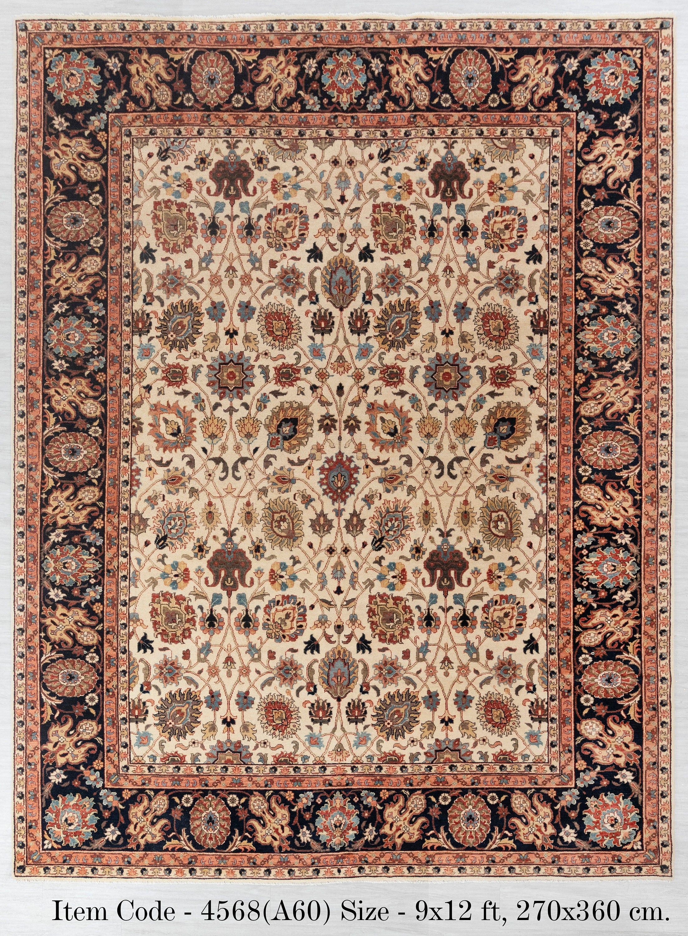 9x12 Cream Navy  Hadji Jalili Living Room Rug  Hand Knotted Wool Rug, Classic  Decor-4568