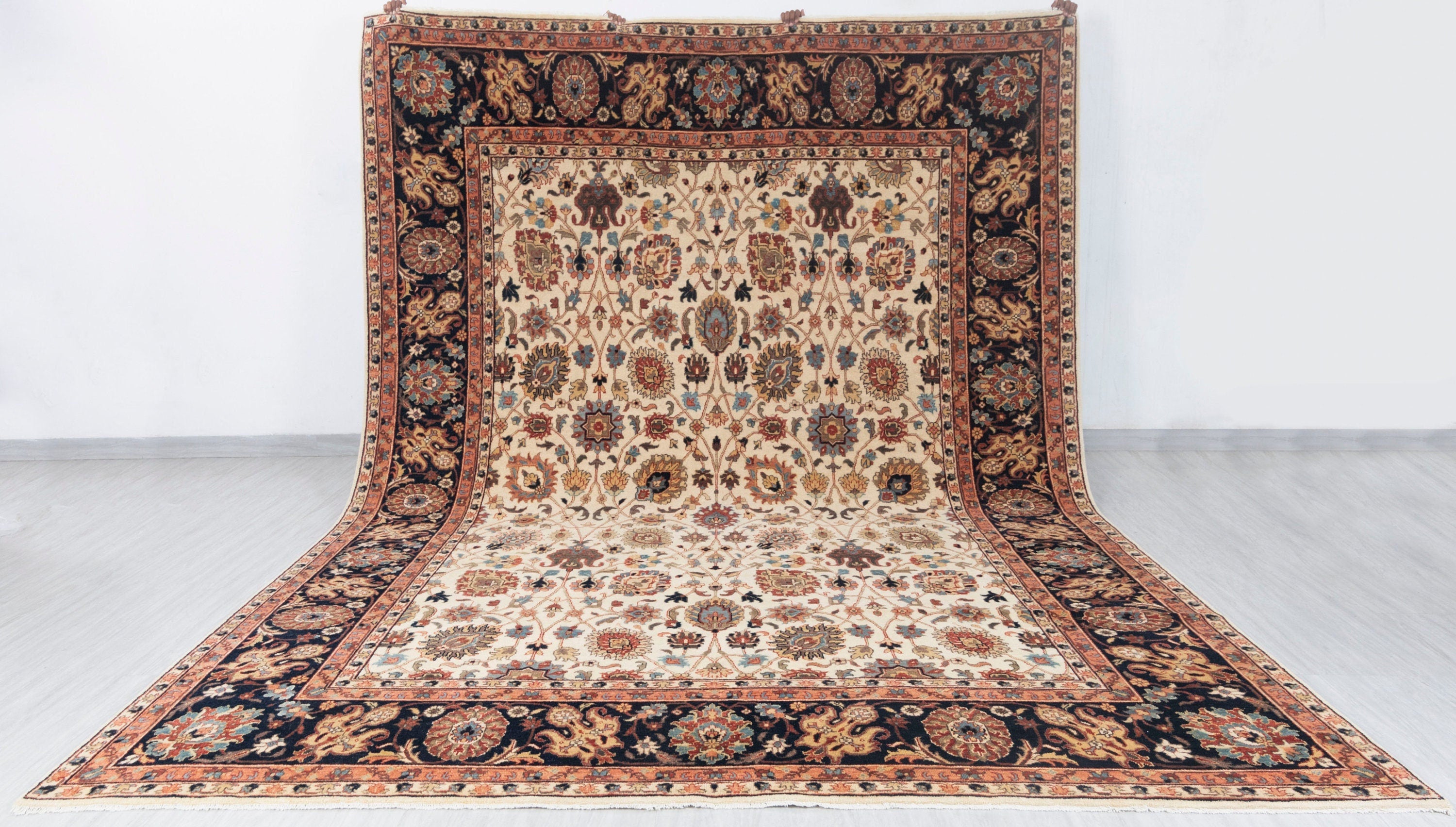 9x12 Cream Navy  Hadji Jalili Living Room Rug  Hand Knotted Wool Rug, Classic  Decor-4568