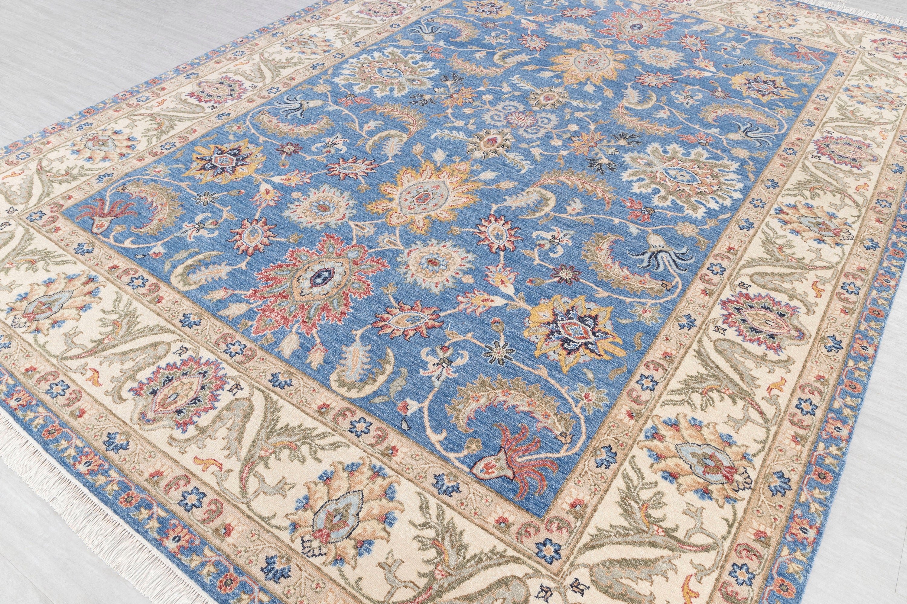 9x12 Blue Cream Indo Peshawar Classic Persian Premium Quality Rug Hand Knotted Wool Rug, Classic  Decor-490