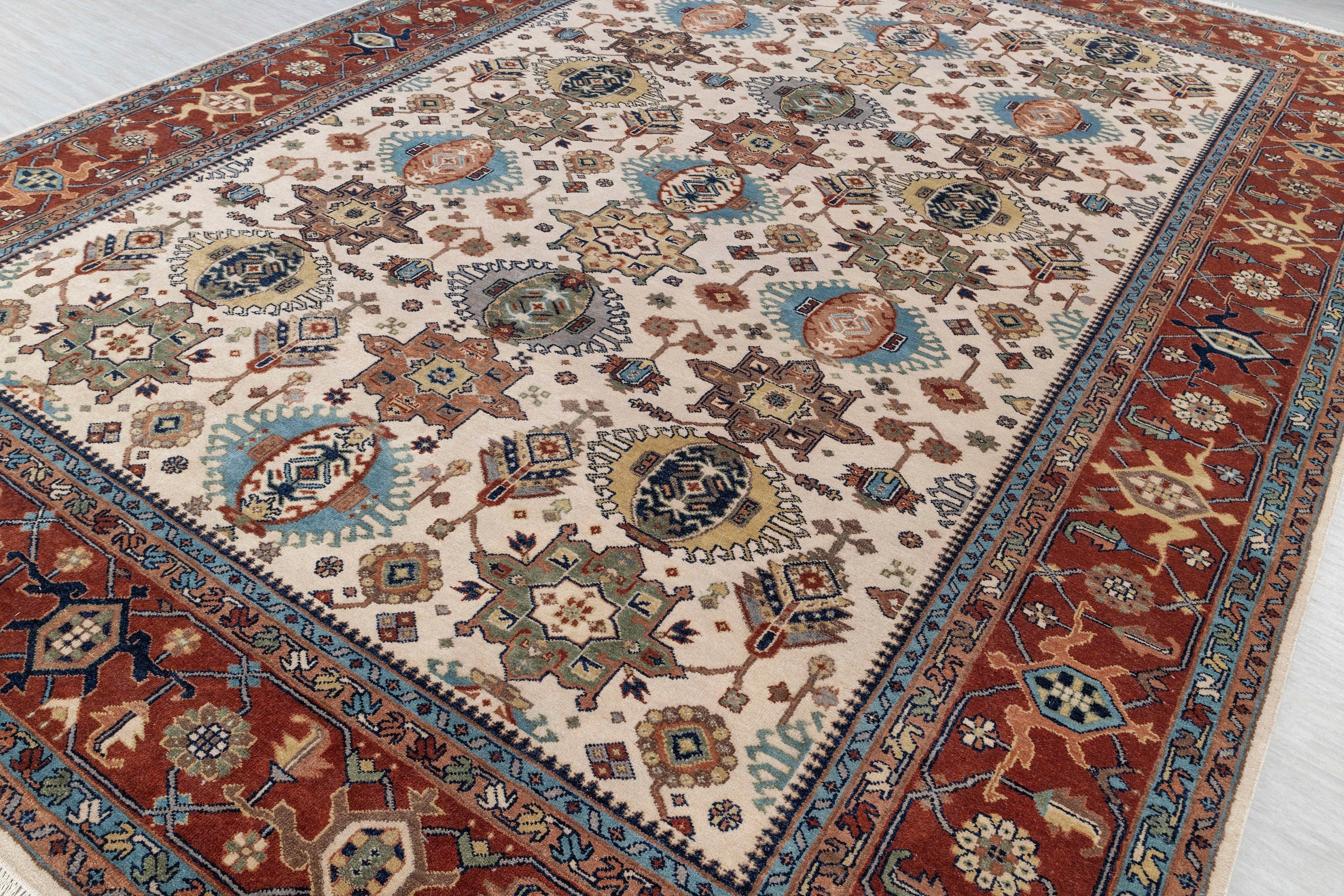 10x14  Ivory Red Floral Persian Style Antique Rug | Bedroom Rug | Hand Knotted Wool Rug, Classic Serapi  Rug-7296
