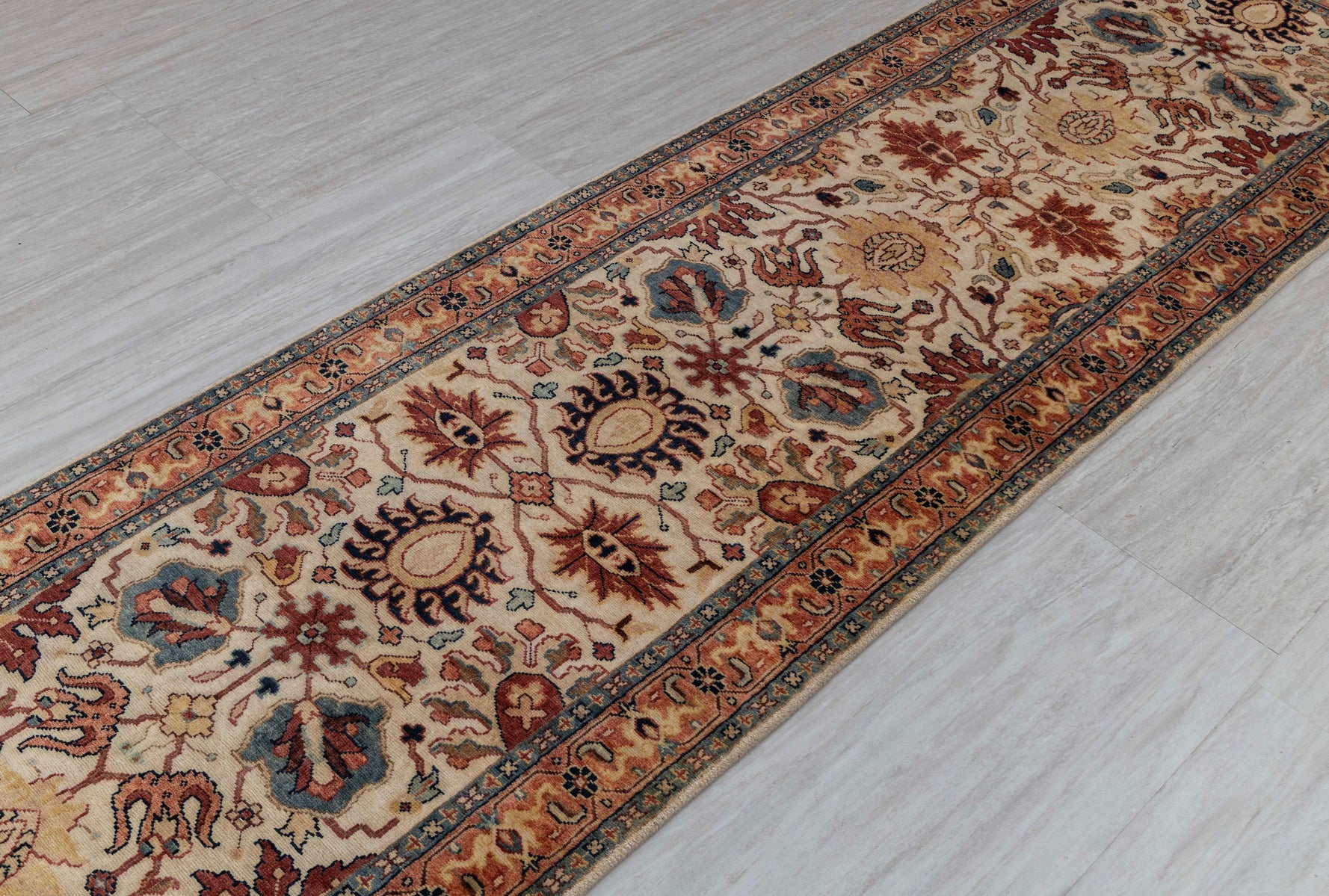 2.6x10  Cream Rust Runner Floral Persian Style Antique Rug | Bedroom Rug | Hand Knotted Wool Rug, Classic Rug S103
