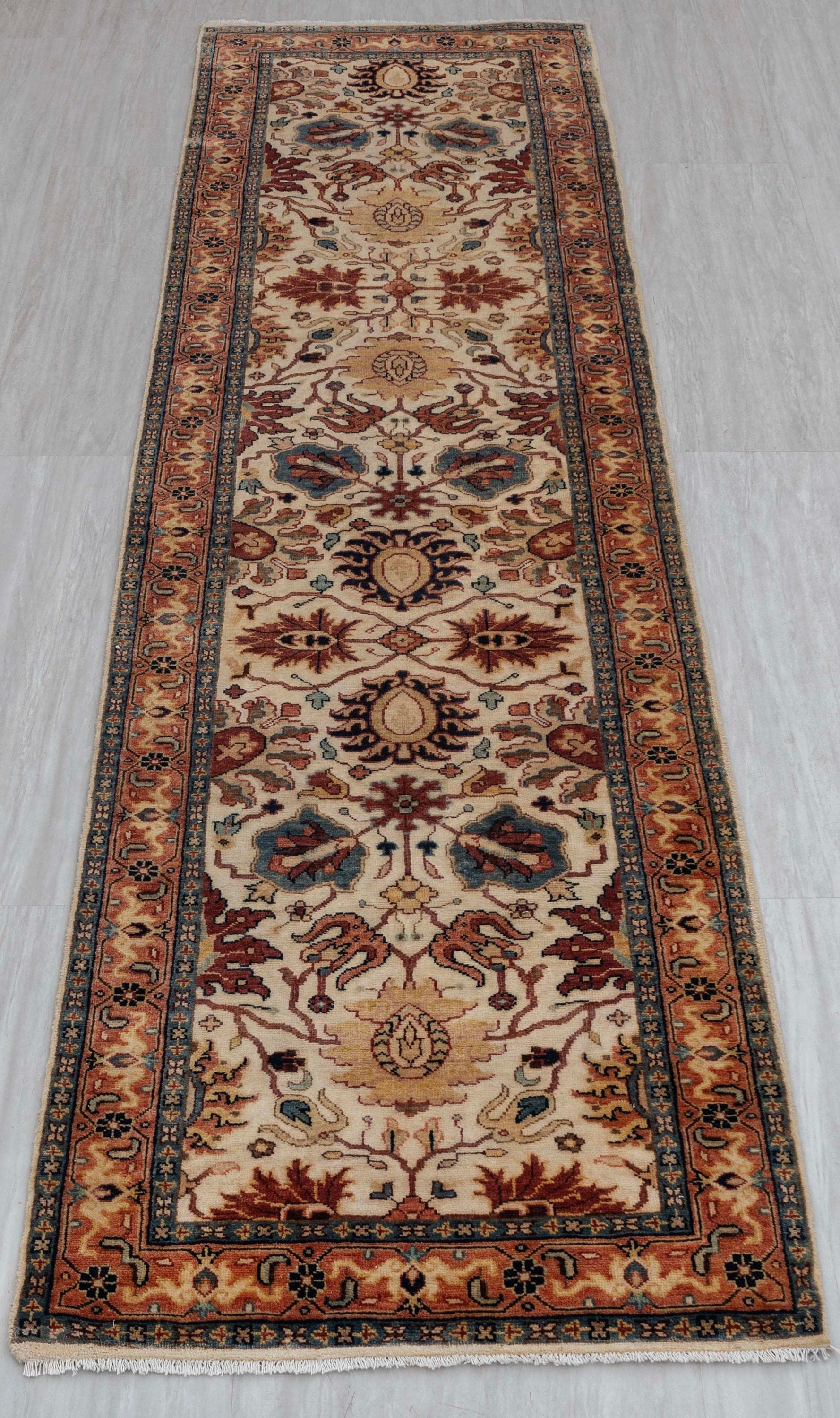 2.6x10  Cream Rust Runner Floral Persian Style Antique Rug | Bedroom Rug | Hand Knotted Wool Rug, Classic Rug S103