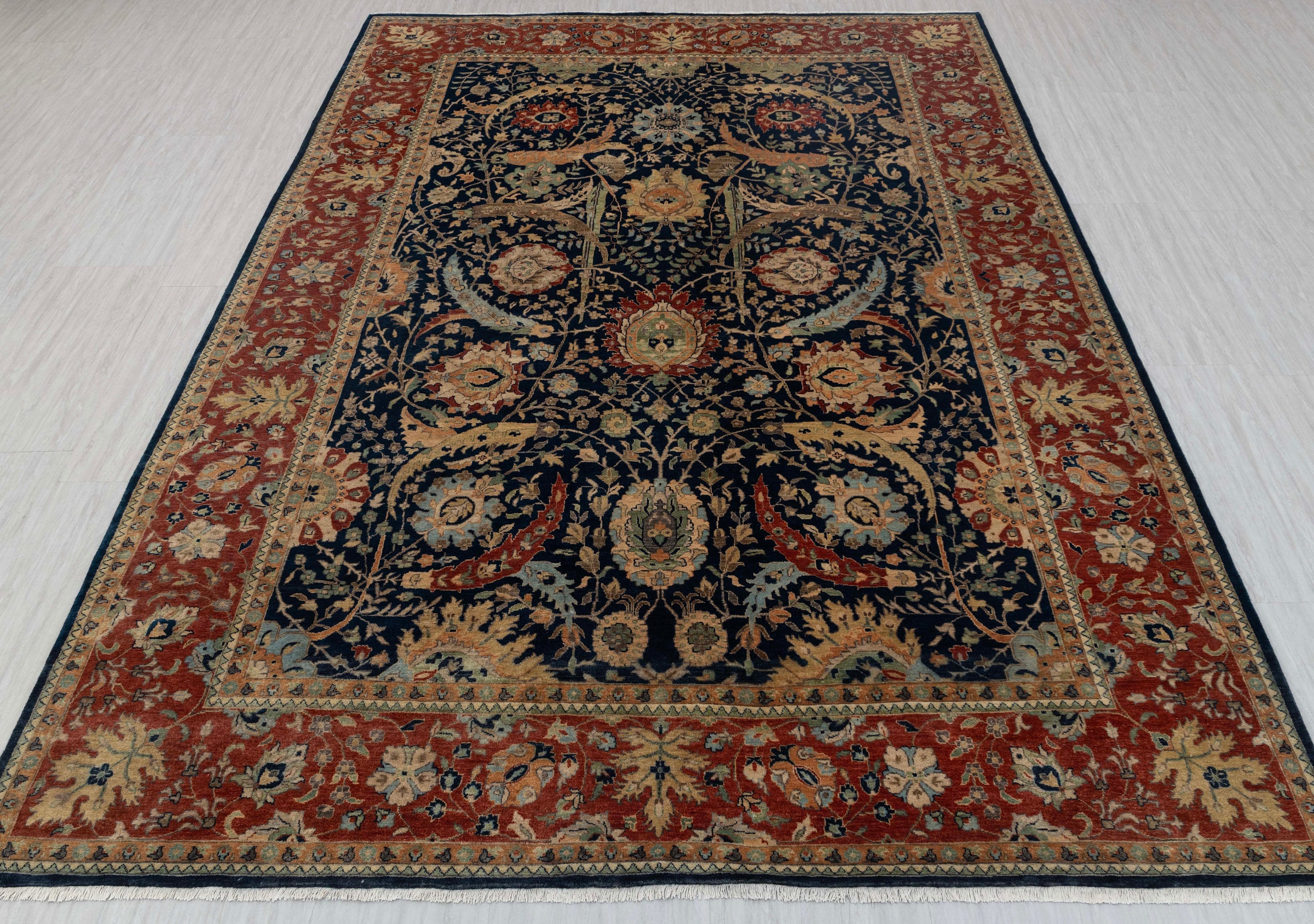 Navy Red Antique Kerman Sickle Leaf Classic Persian Reproduction High Quality Hand Knotted 100% Wool Rug,G-3734